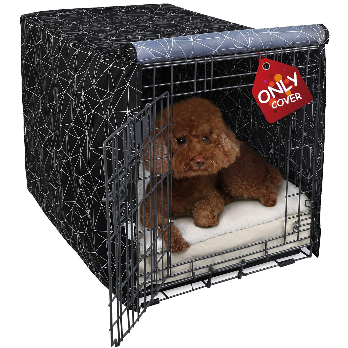 Explore Land Pattern Dog Crate Cover front view hides the crate while allowing ventilation