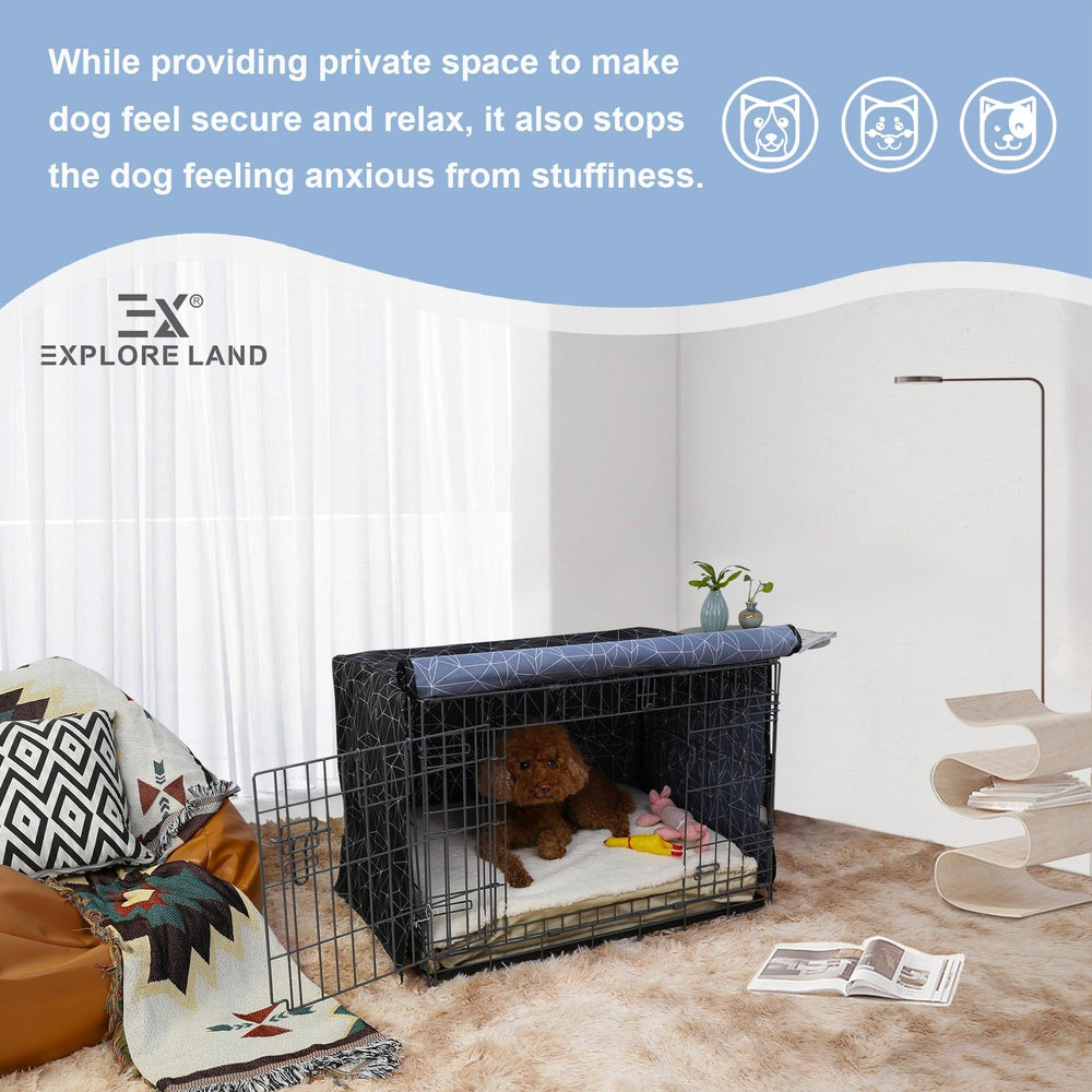 Explore Land Pattern Dog Crate Cover installation view demonstrates hoop-and-loop securing