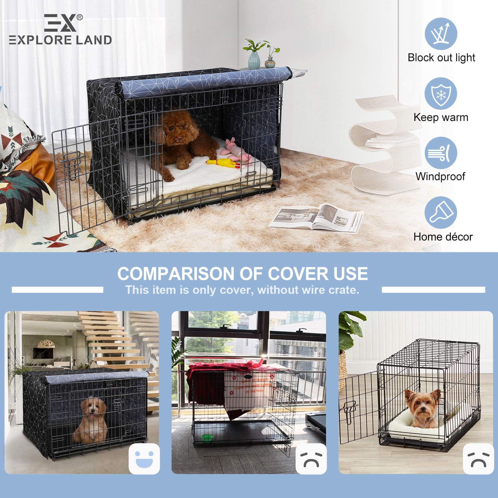 Explore Land Pattern Dog Crate Cover back view with secure closure features.