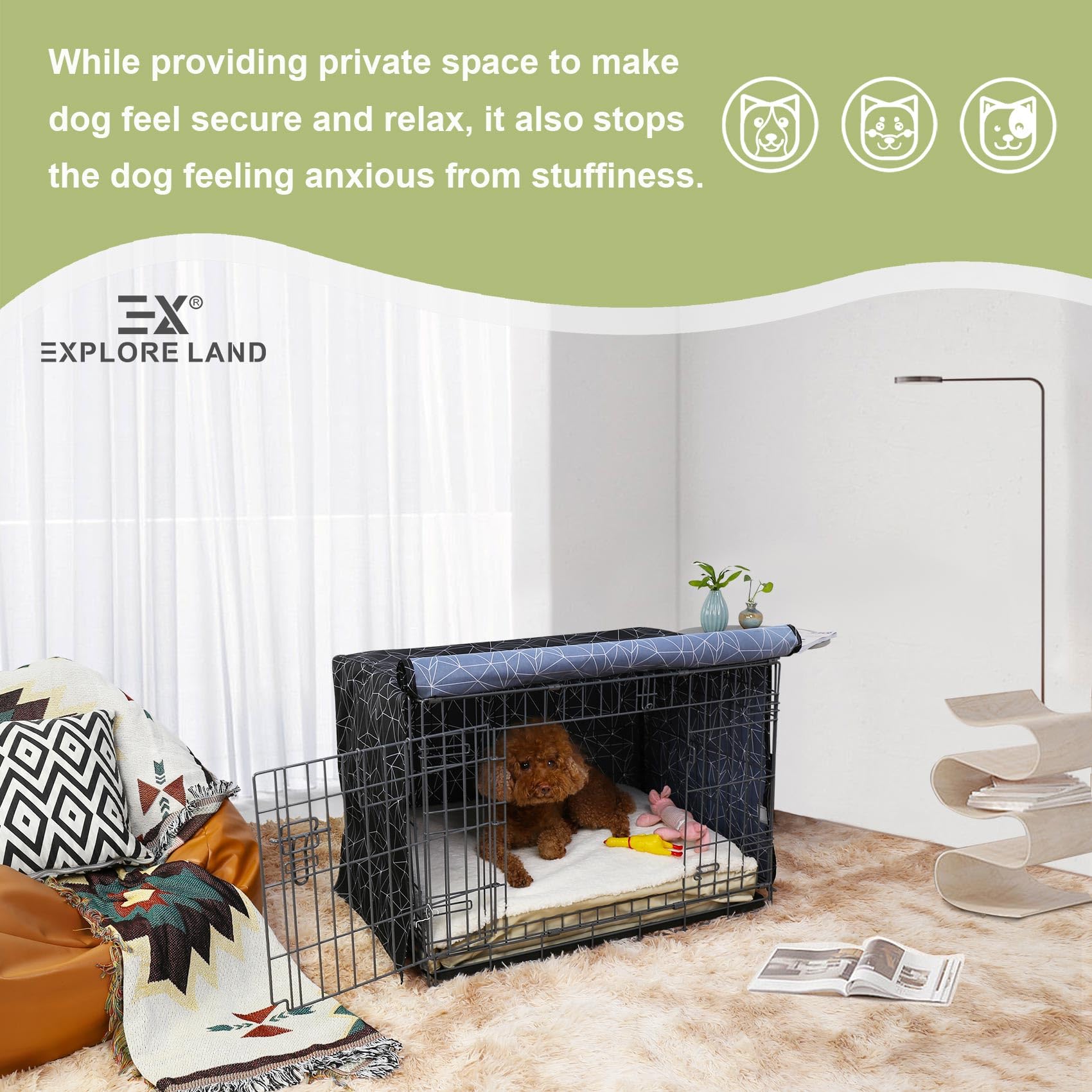 Explore Land Pattern Dog Crate Cover compatibility with 1-3 door crates.