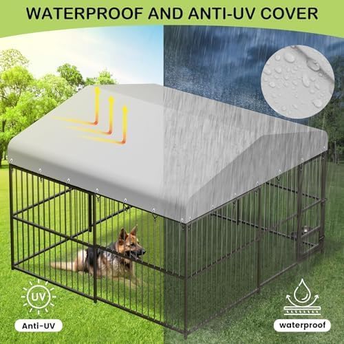 Waterproof canopy on ExploreHorizon kennel provides shade outdoors.