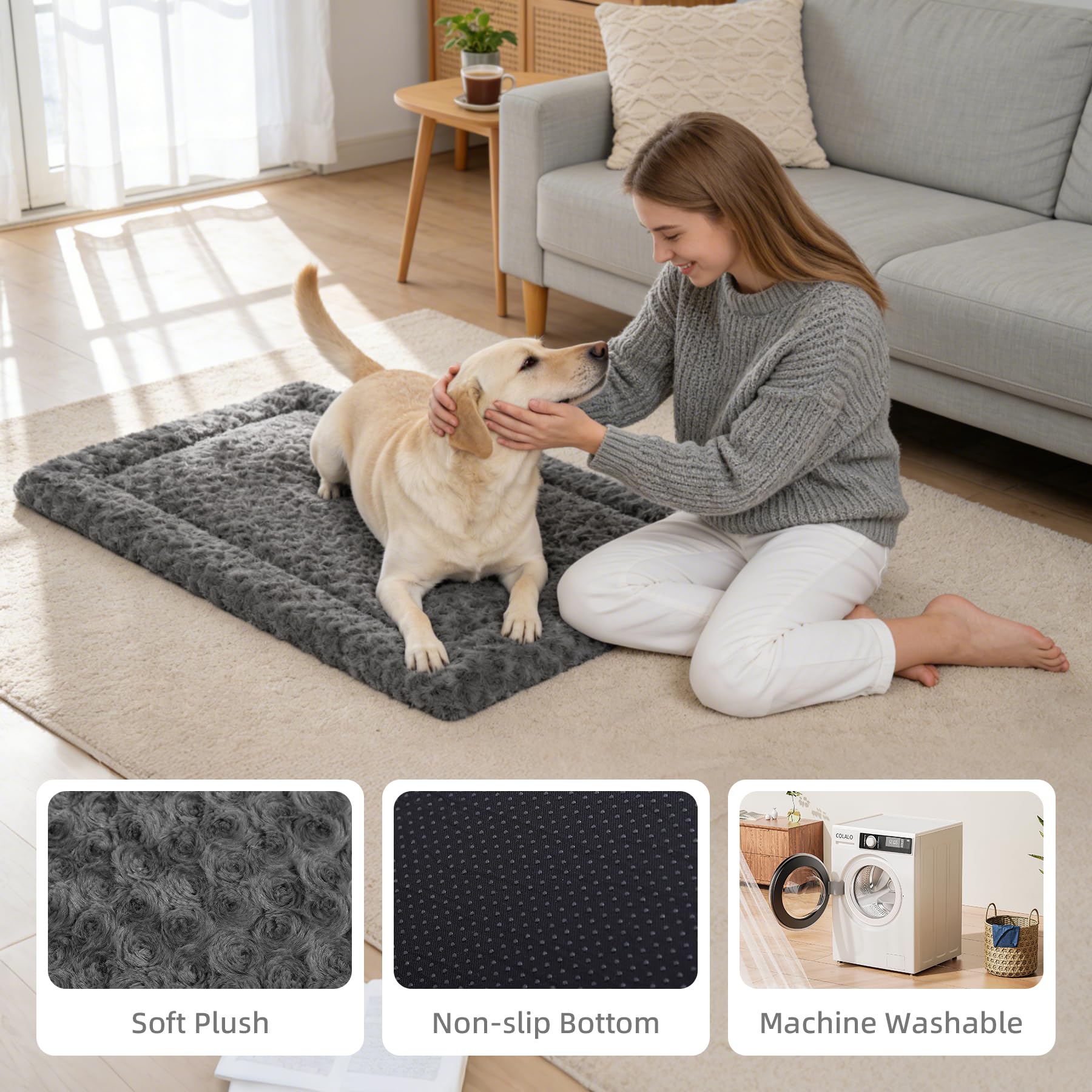 Exsnugy washable dog bed mat close-up fabric emphasizes durable, machine-washable construction.