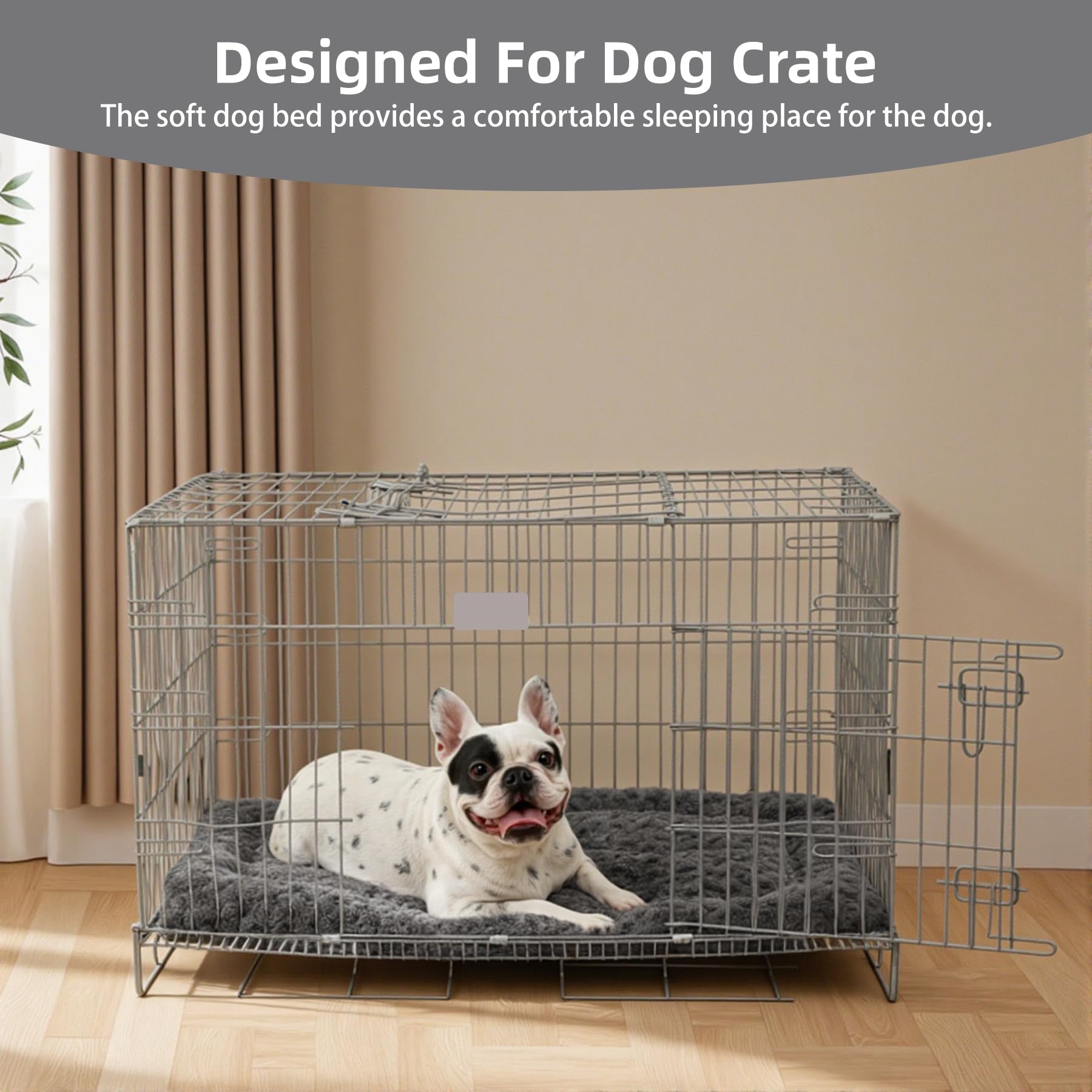 Exsnugy washable dog bed mat in crate demonstrates versatile, all-season comfort.