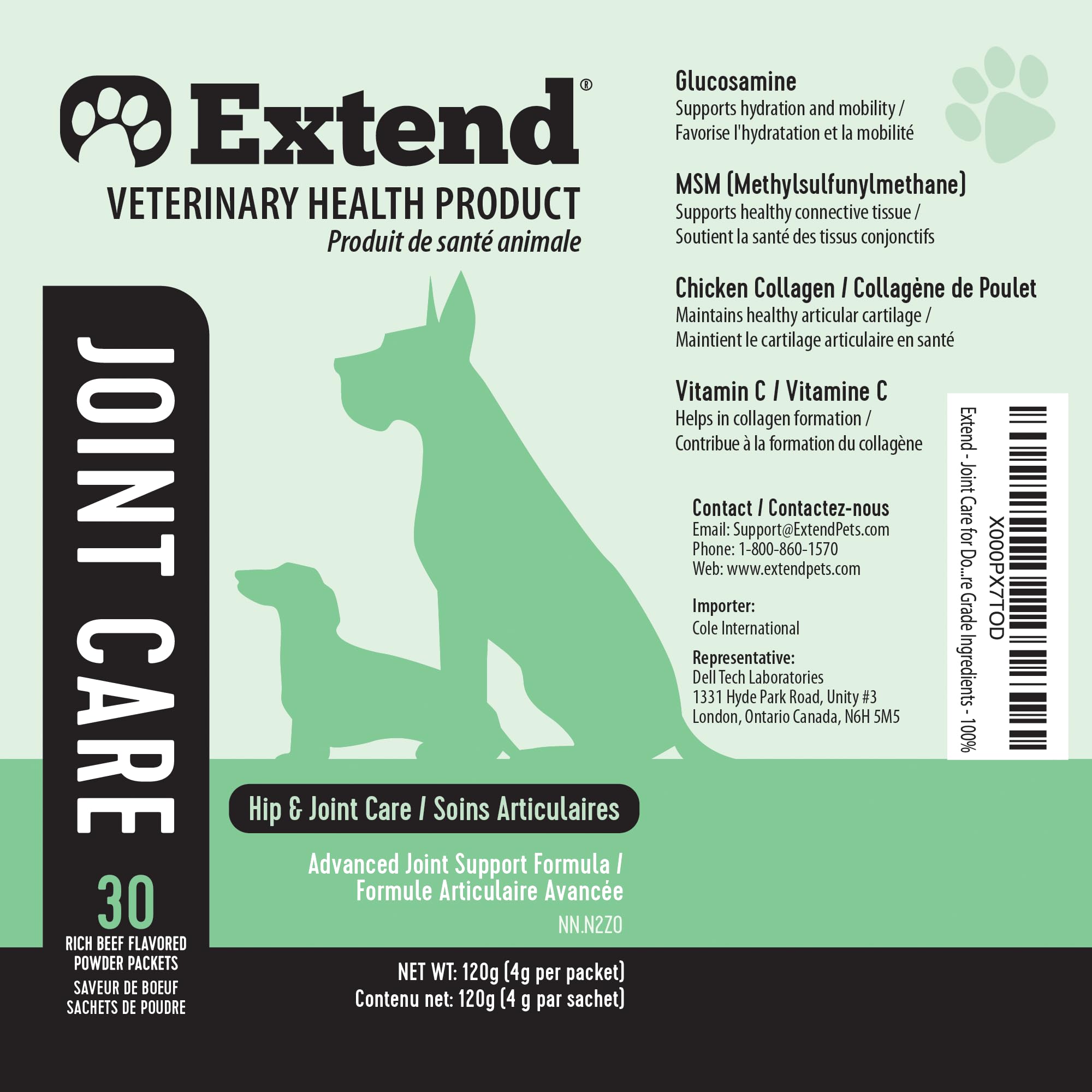 Extend dog joint supplement packaging close-up showing 60-count packets