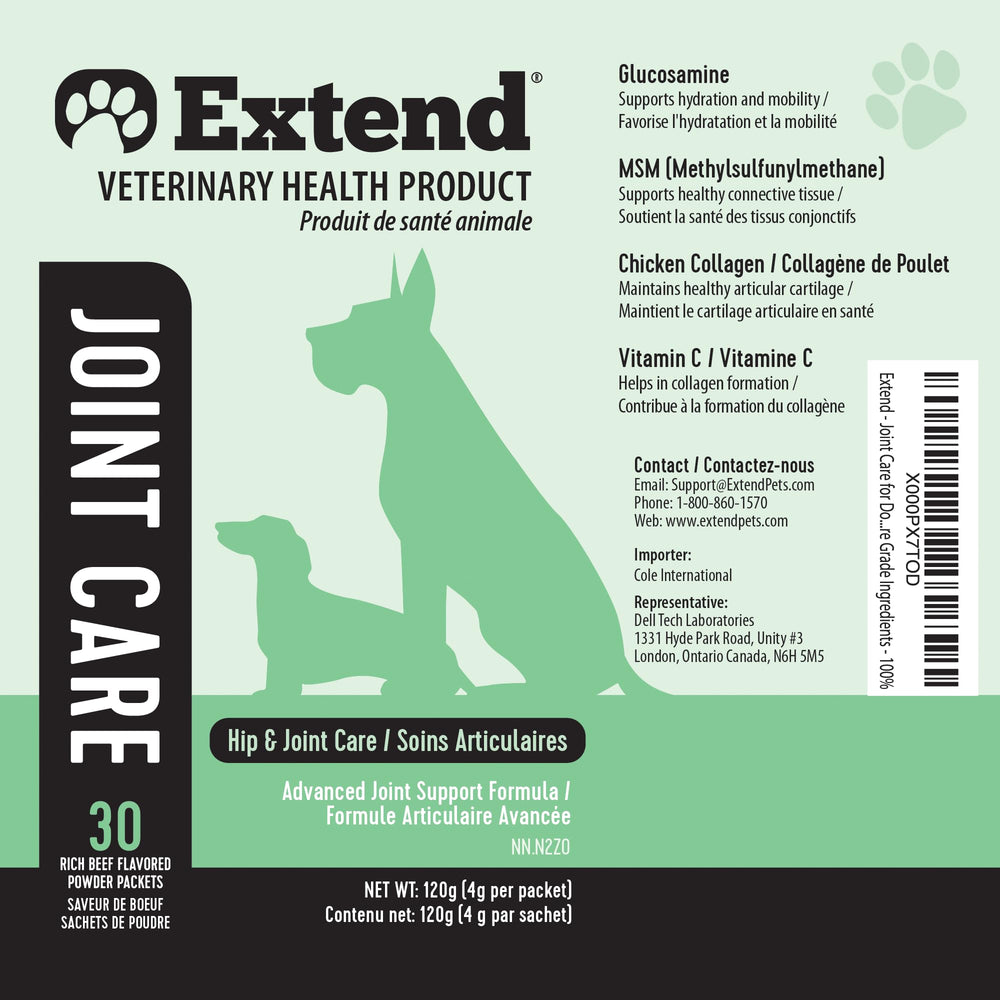 Extend dog joint supplement packaging close-up showing 60-count packets
