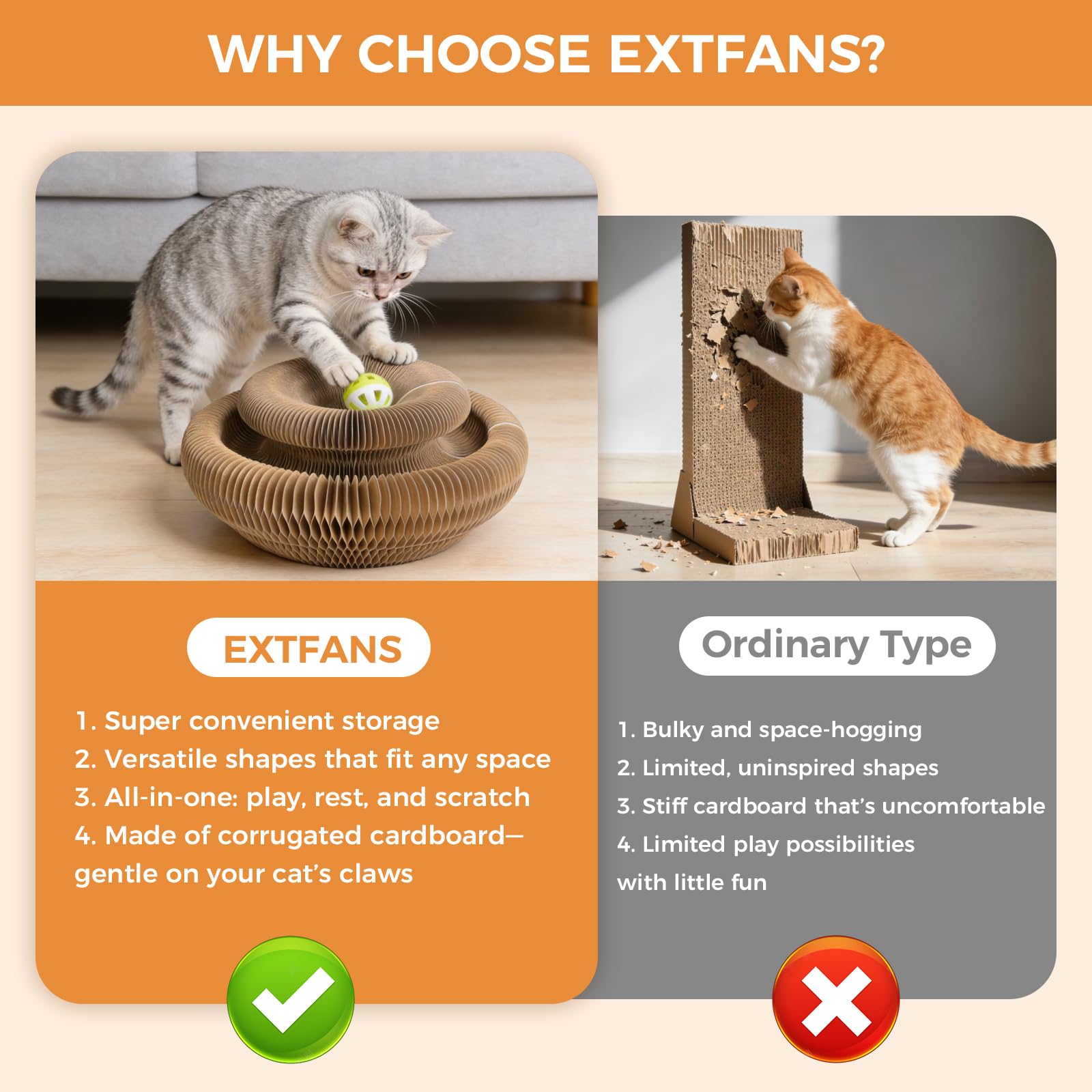 EXTFANS Safe scratching area redirects cats from furniture to cardboard.