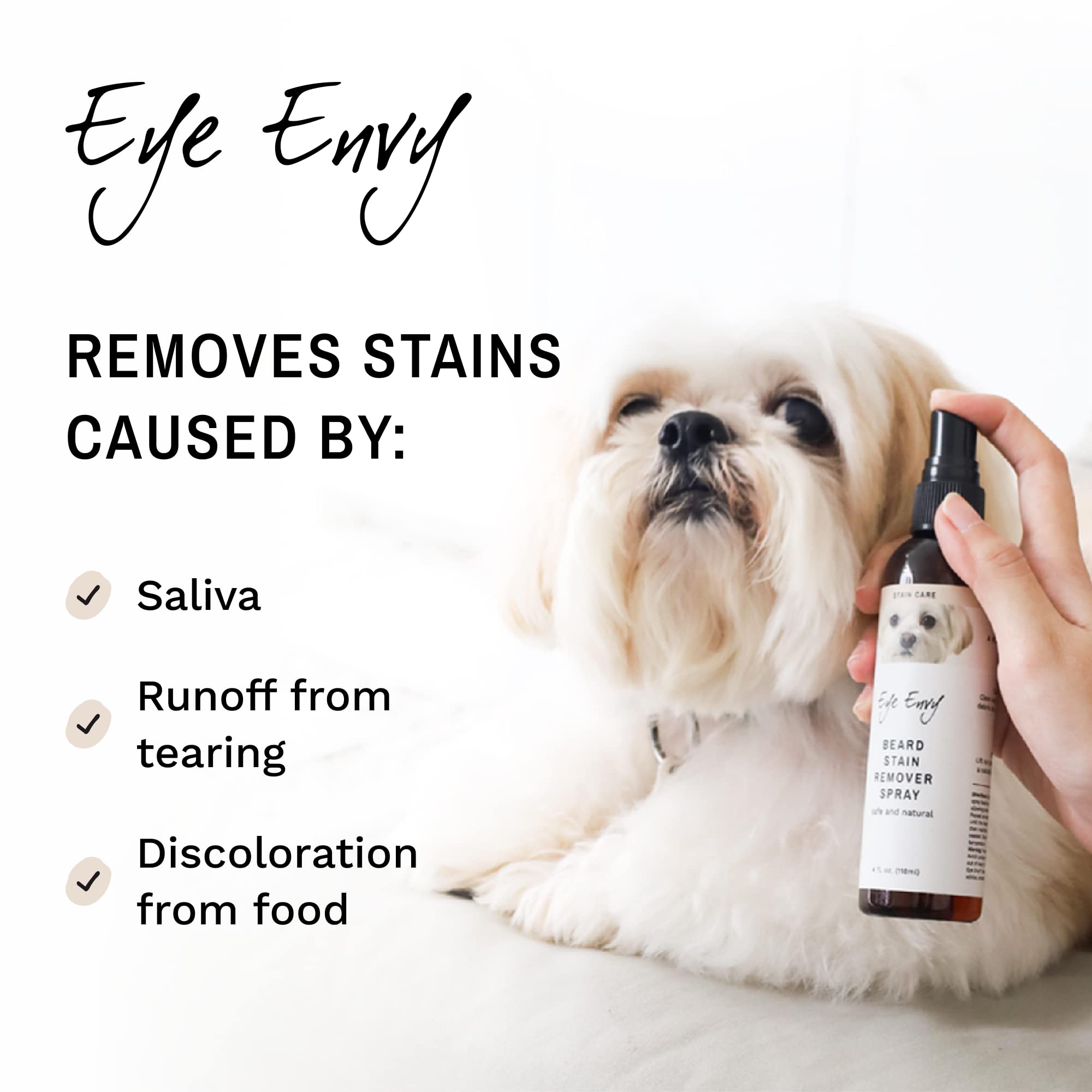 Eye Envy Beard Stain Remover Spray applied on a dog’s beard for easy stain removal