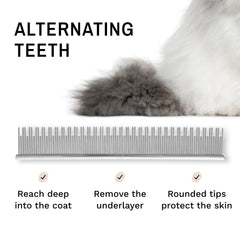 Eye Envy ProGlide dual-length pins close-up reach deep for undercoat removal