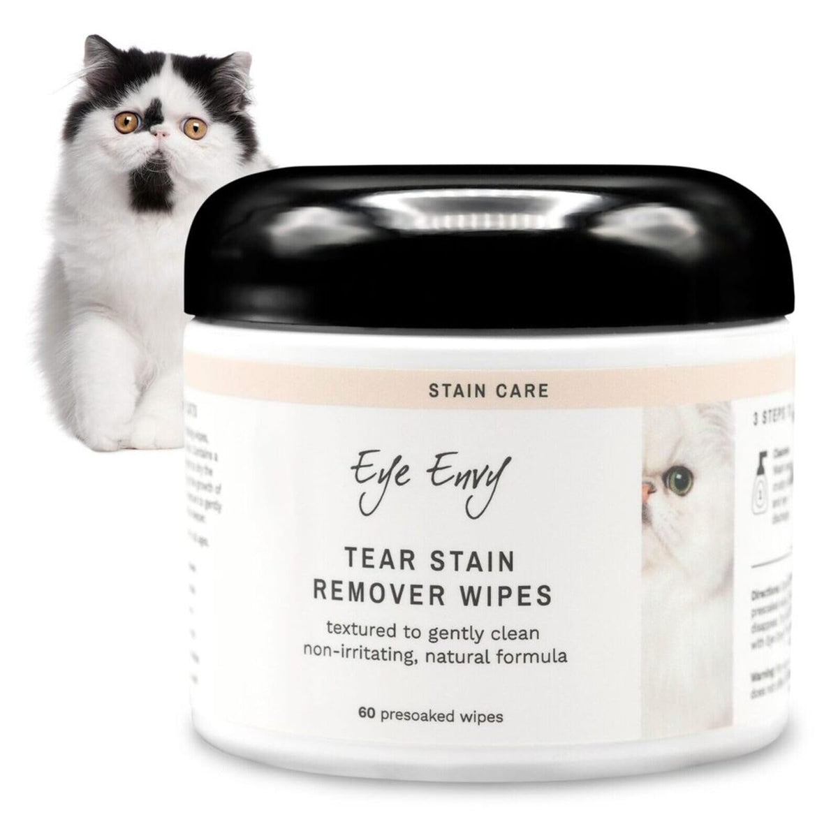 Eye Envy Tear Stain Wipes around the cat eye area for gentle stain removal