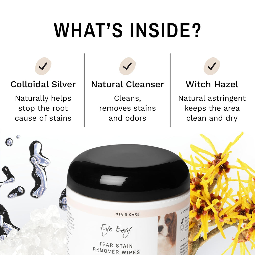 Eye Envy tear stain wipes are pre-soaked in natural solution for gentle use.