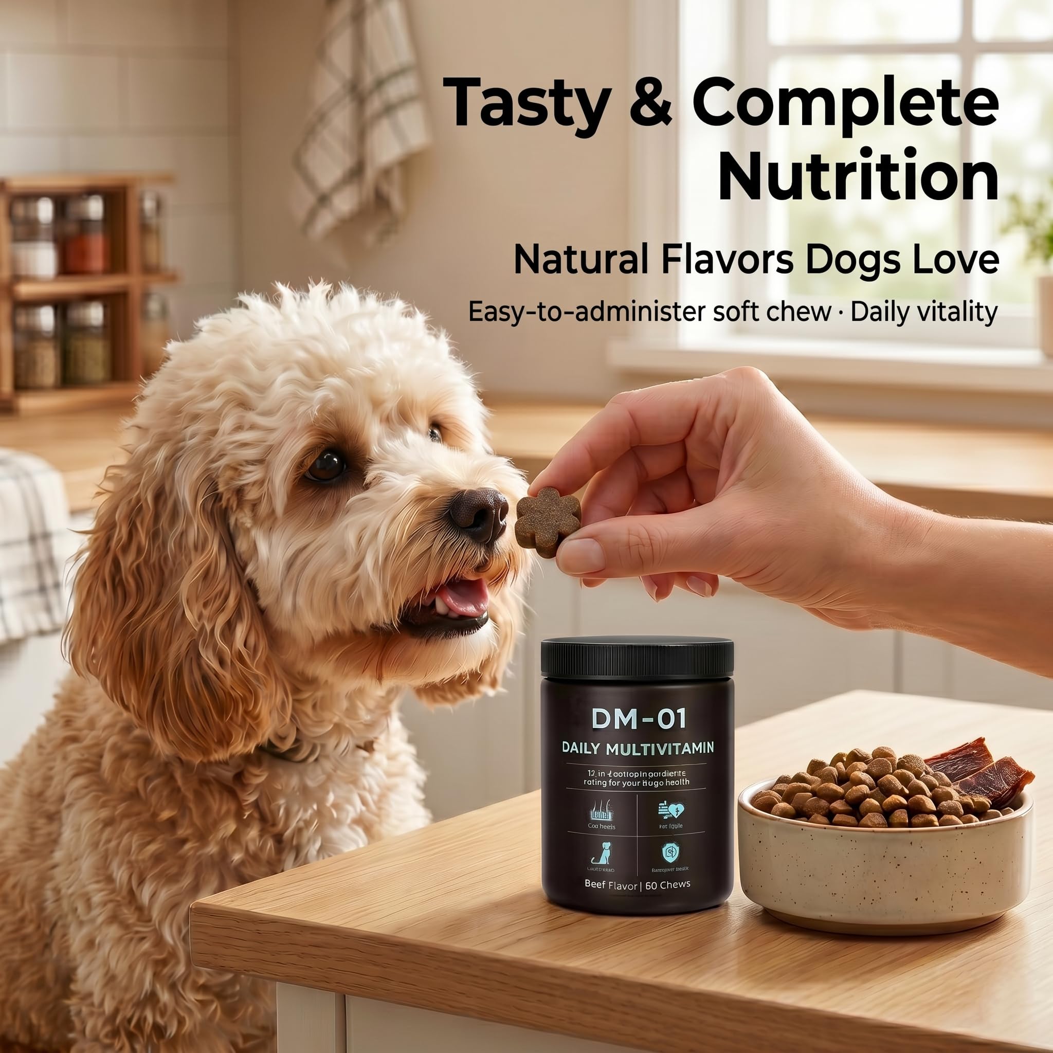 EYUTRD DM-01 dog enjoying chew during mealtime.