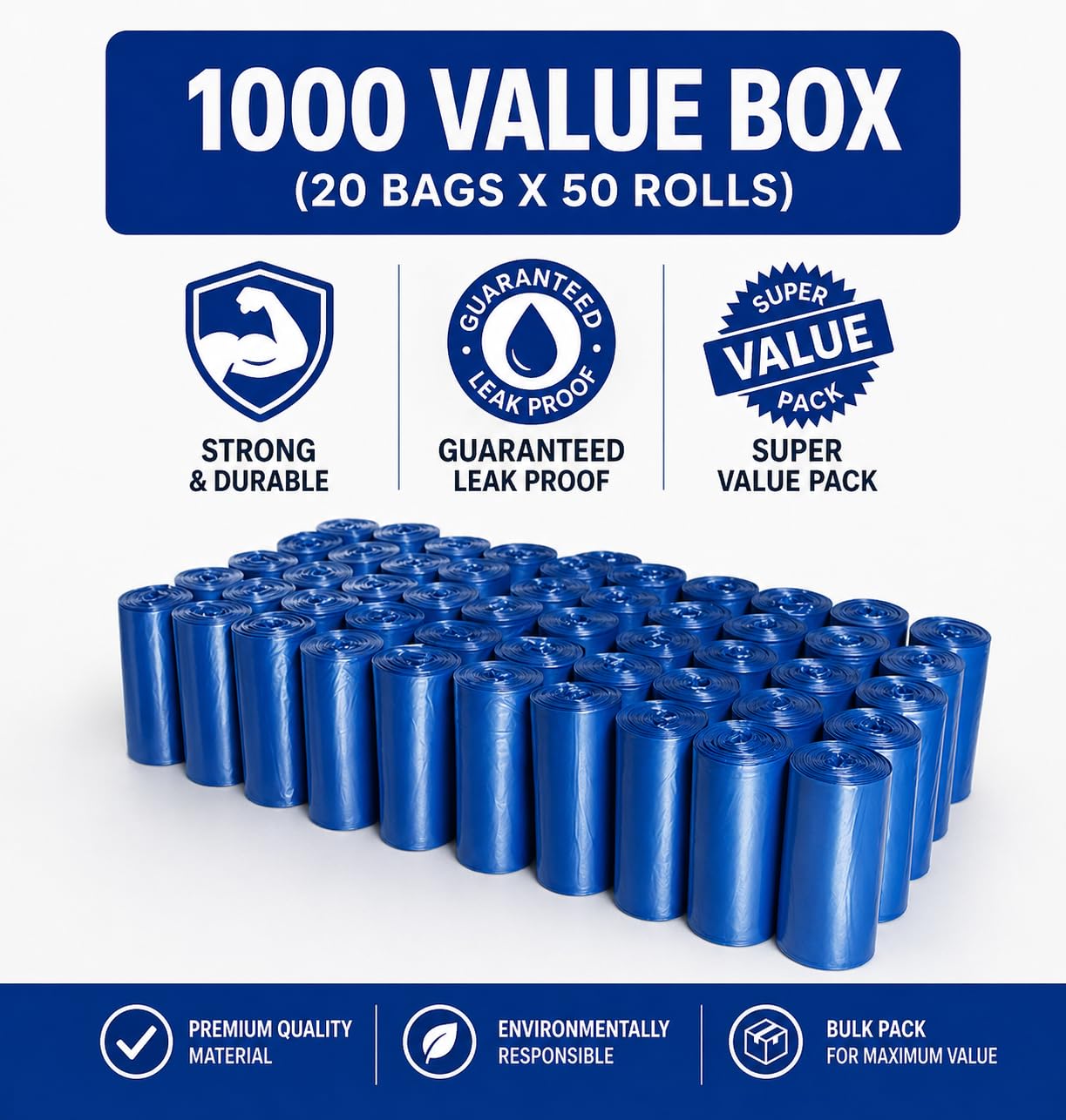EZ PICK UP 50-roll pack with 20 bags per roll for quick cleanup.