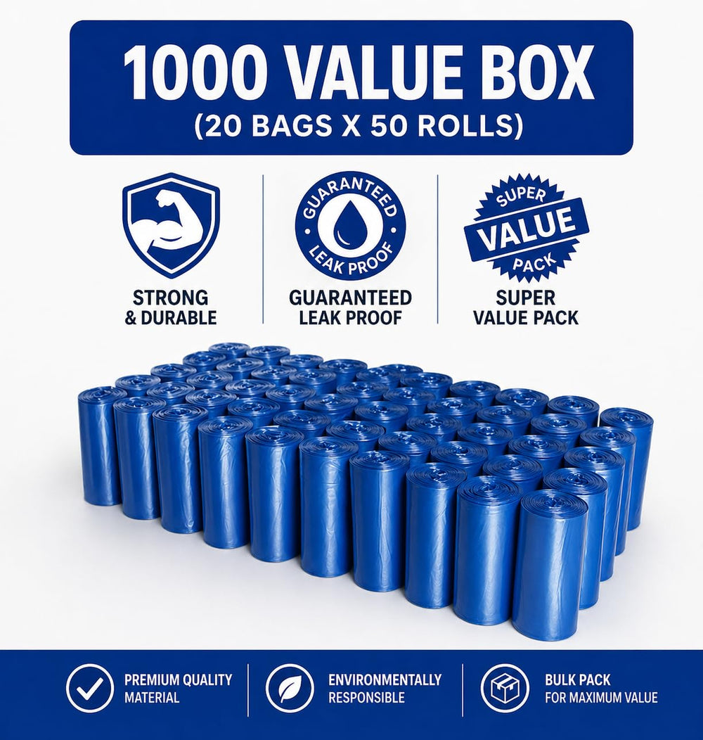EZ PICK UP 50-roll pack with 20 bags per roll for quick cleanup.