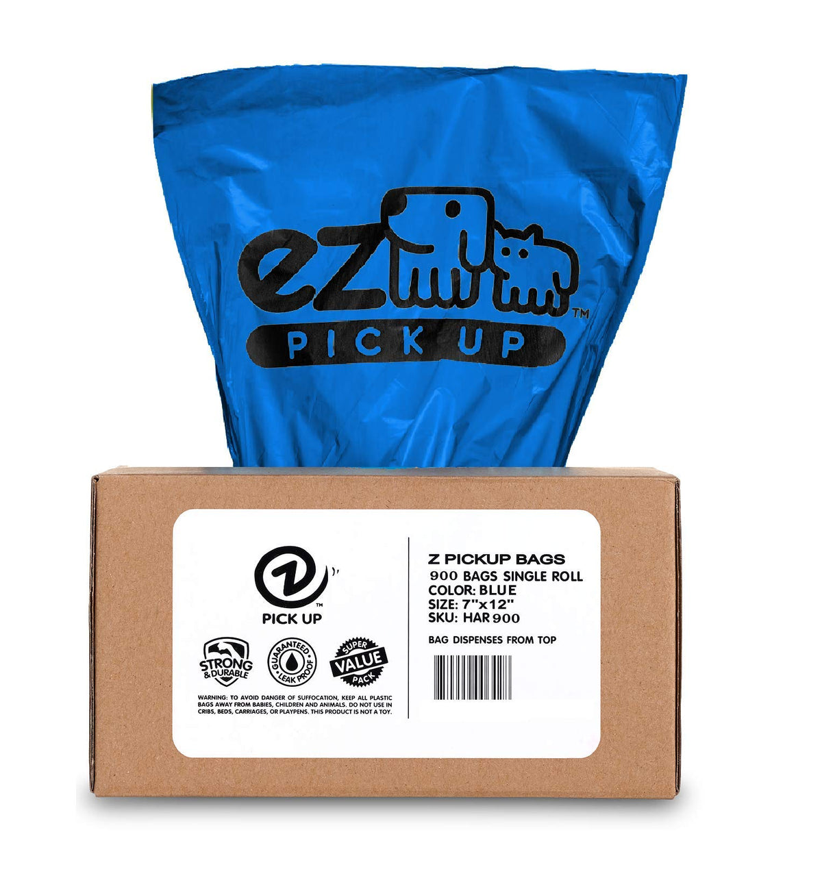 EZ PICK UP 900 bags on a blue single roll with a dispensing box for convenient cleanup.
