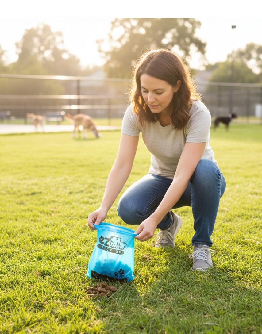 EZ PICK UP blue tear-resistant bags for durable waste pickup in any weather.