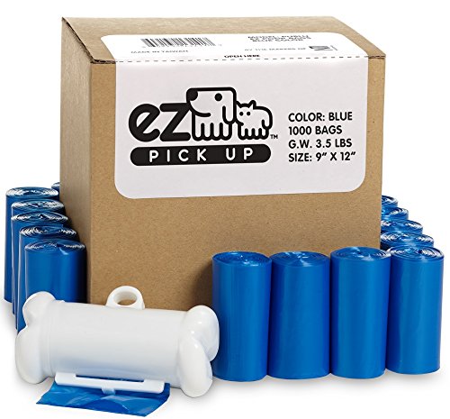 EZ PICK UP blue dog waste bags showing 9x12 size and 1000-count case for parks.