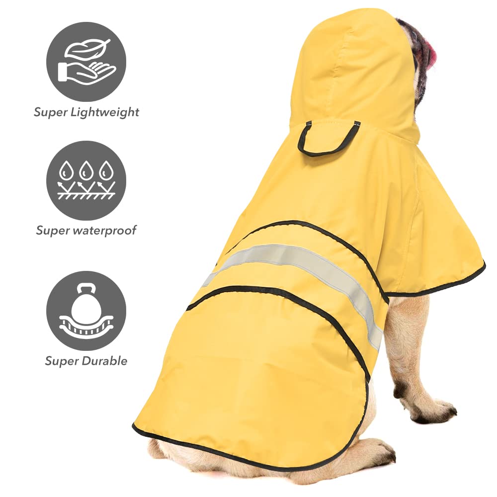 Ezierfy reflective dog rain coat with adjustable hood in yellow for secure fit.