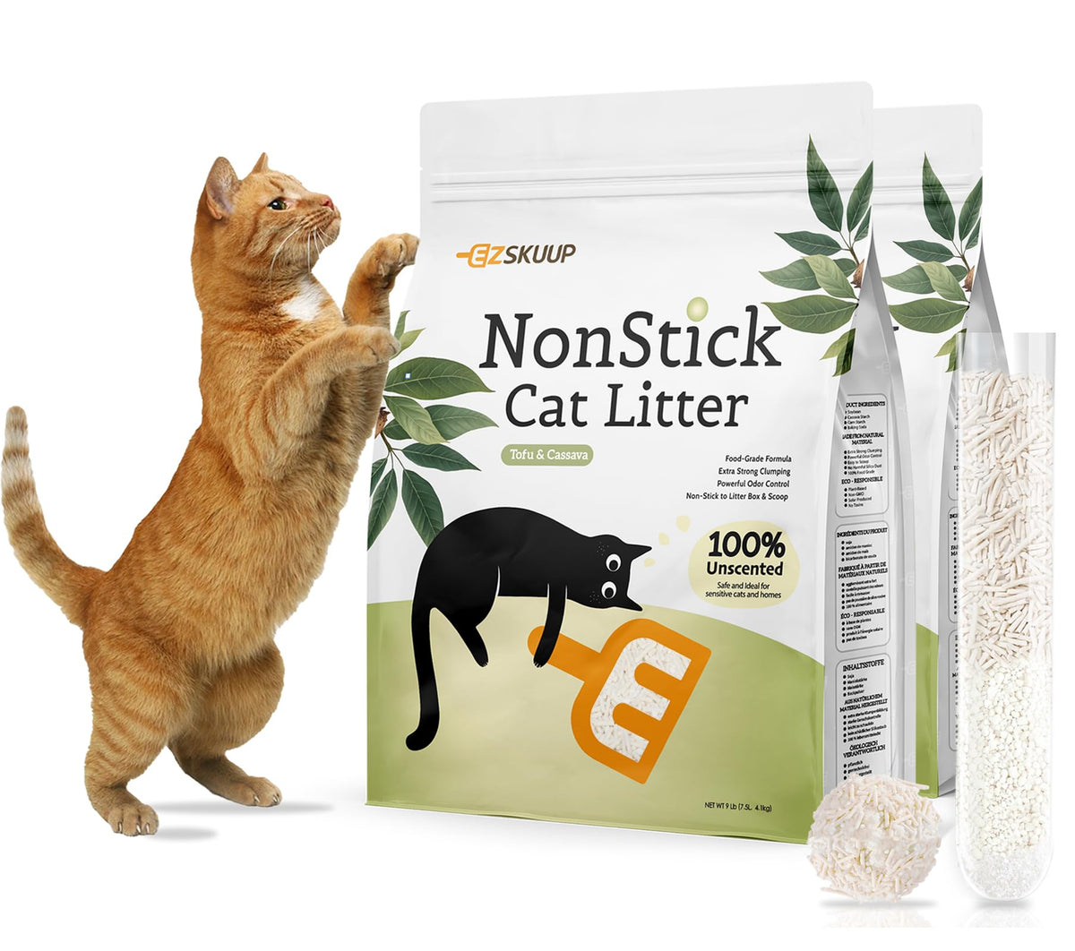EZSKUUP cat litter showing non-stick bottom clump for easy scoop cleanup
