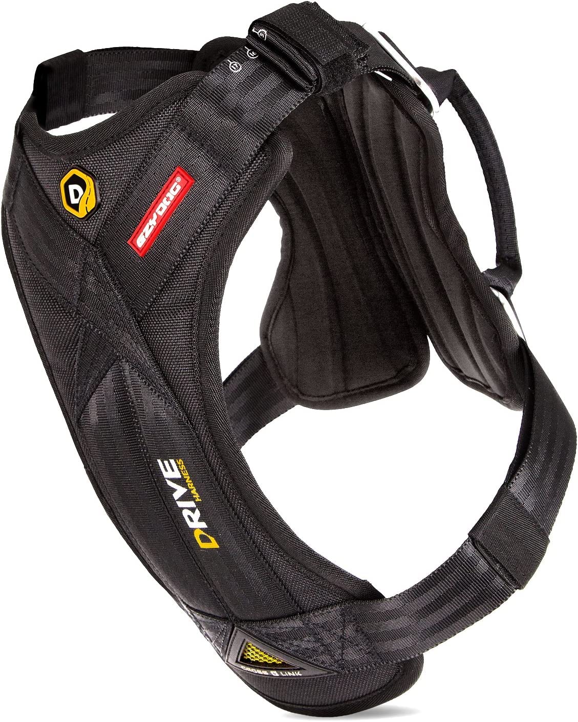 EzyDog Drive Harness with padded chest plate for comfortable car travel.