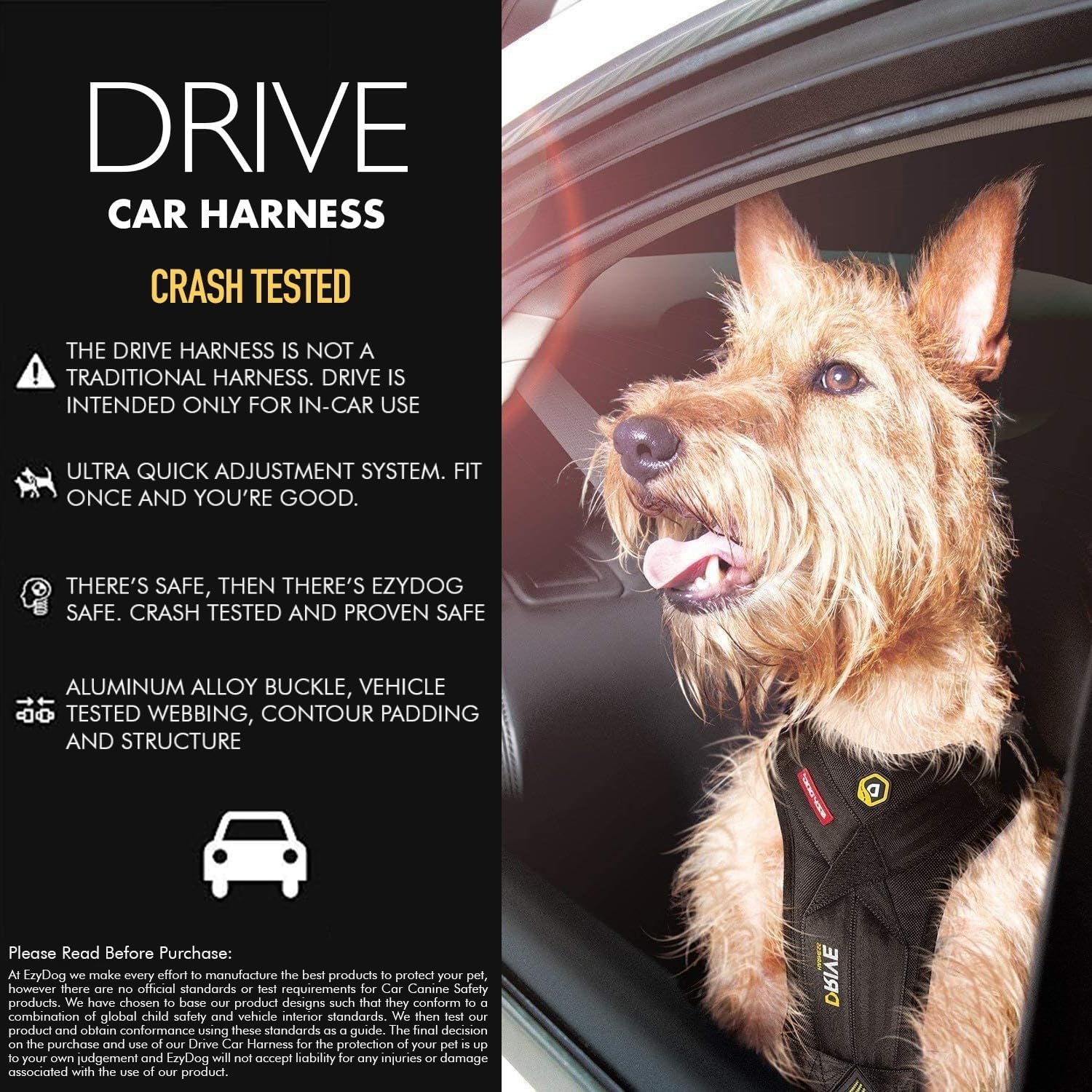 EzyDog Drive Harness seat-belt-compatibility ensures easy installation with most vehicles.