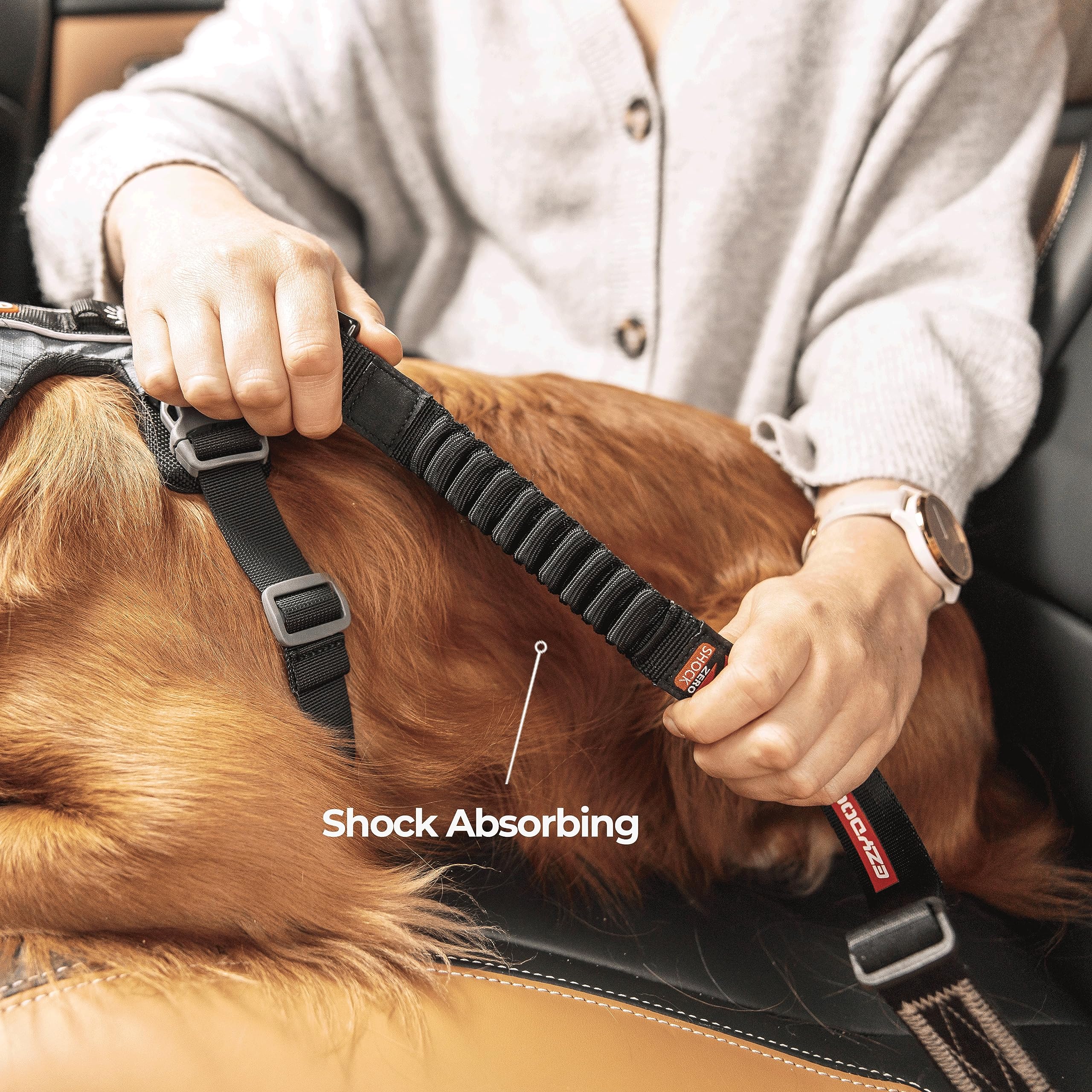 EzyDog nylon seatbelt webbing offers 2400 lb strength for durable restraint.