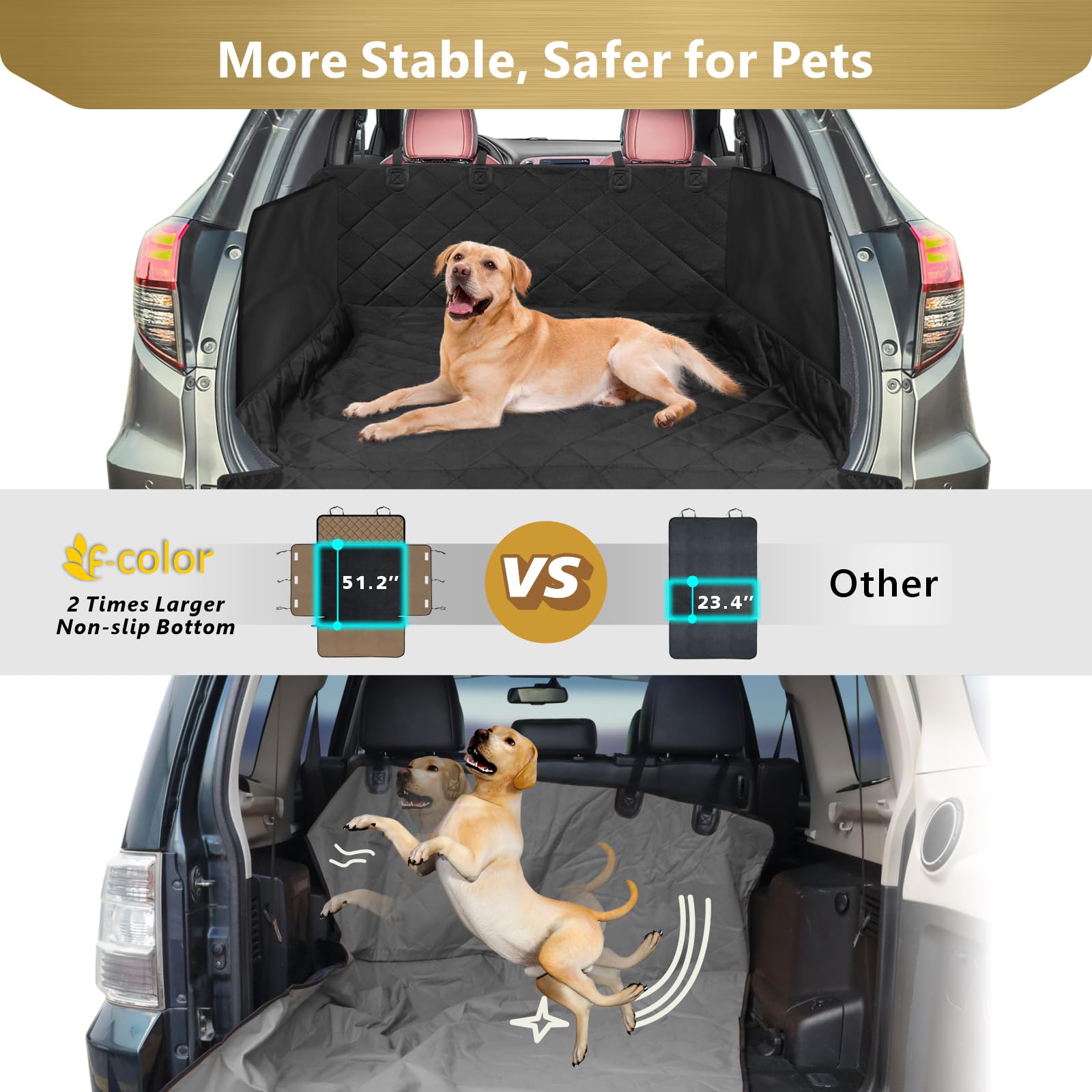 F-color SUV Cargo Liner non-slip surface helps pets stay grounded during travel