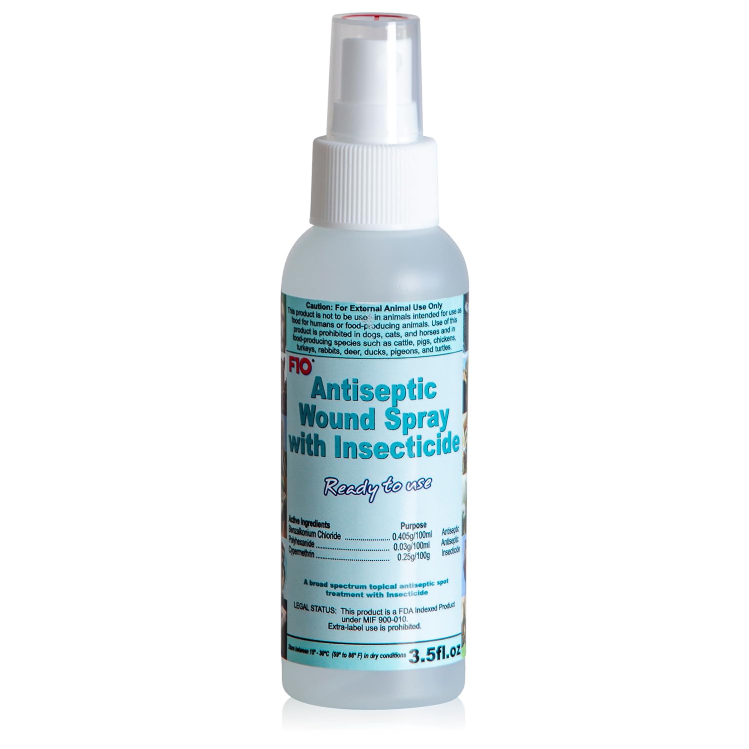 F10 antiseptic wound spray bottle close-up showing protective shield for wounds