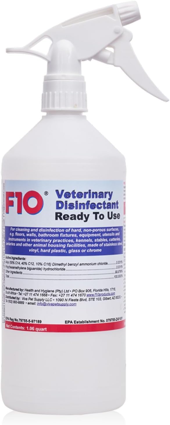 F10 disinfectant on kennels for a hygienic, safe space.