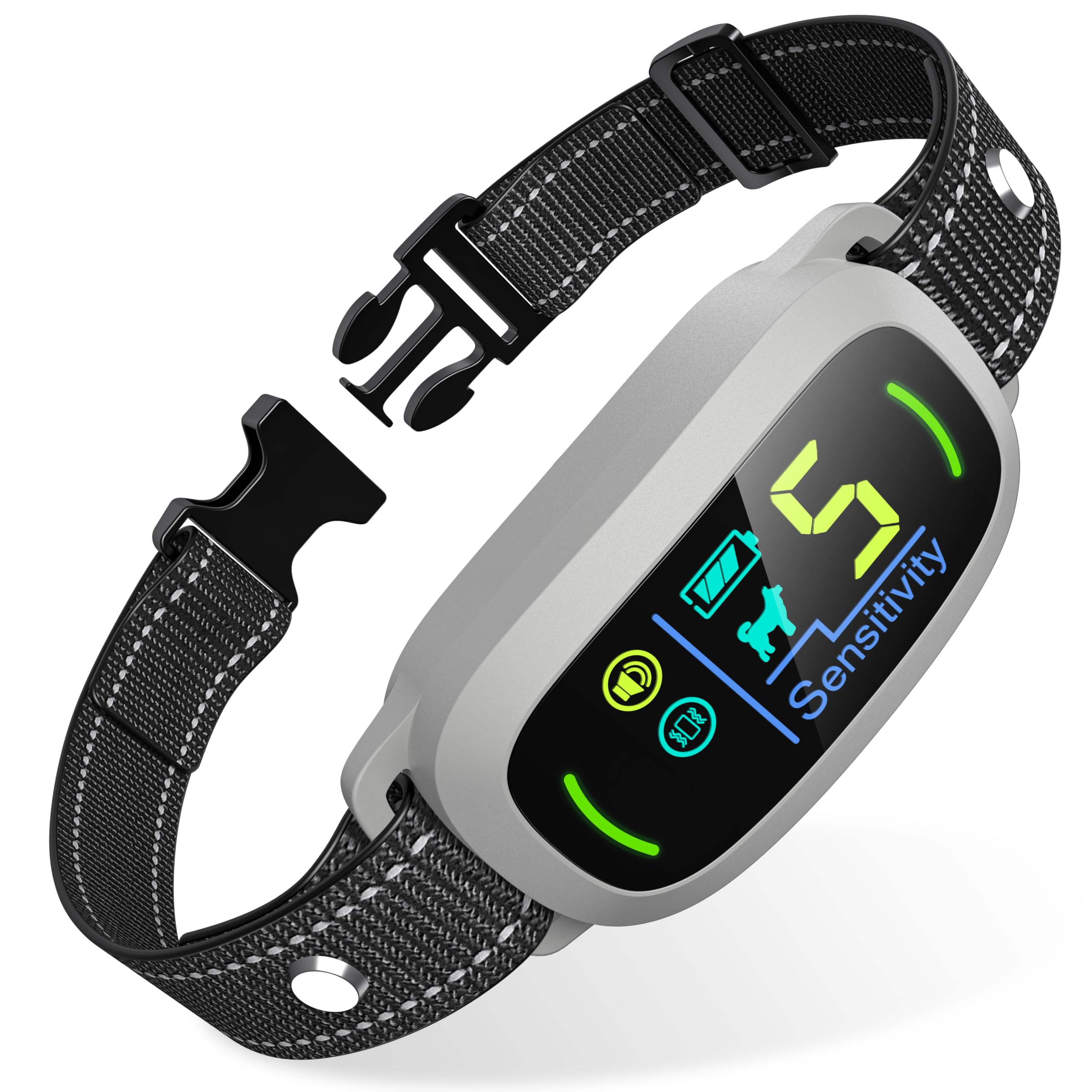 FAFAFROG bark collar front view showing adjustable design for dogs of all sizes