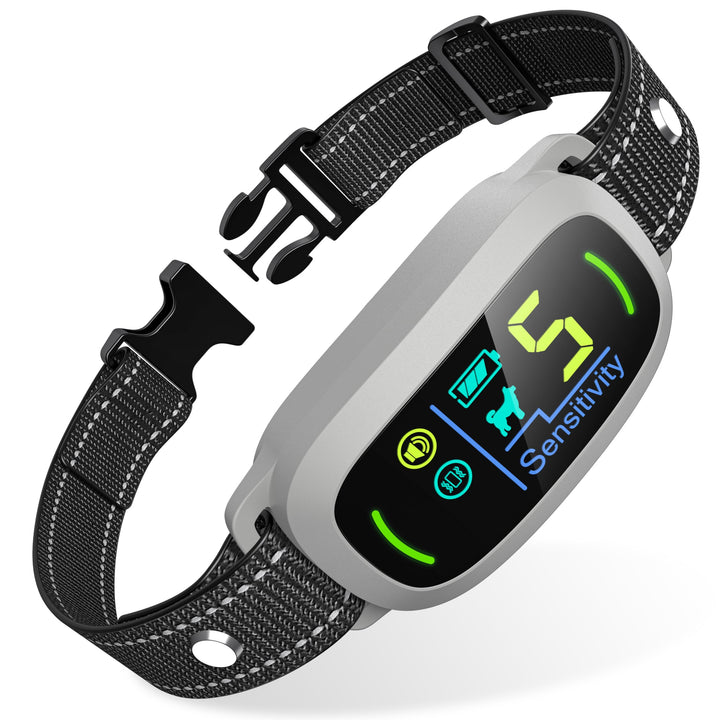 FAFAFROG bark collar front view showing adjustable design for dogs of all sizes