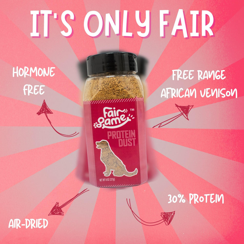 Fair Game Protein Dust on kibble demonstrates enhanced flavor and protein