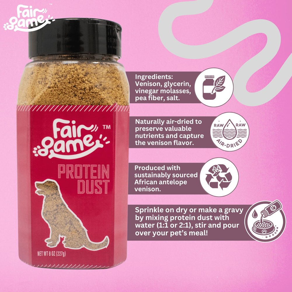 Fair Game Protein Dust venison close-up emphasizes hormone-free venison