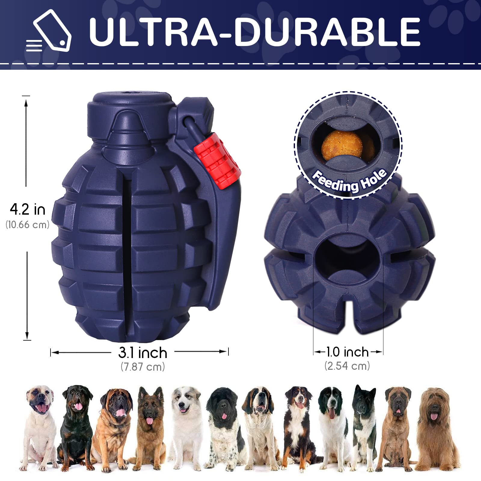 Fairsh blue grenade shape dog toy highlighting compact size for medium and large breeds.