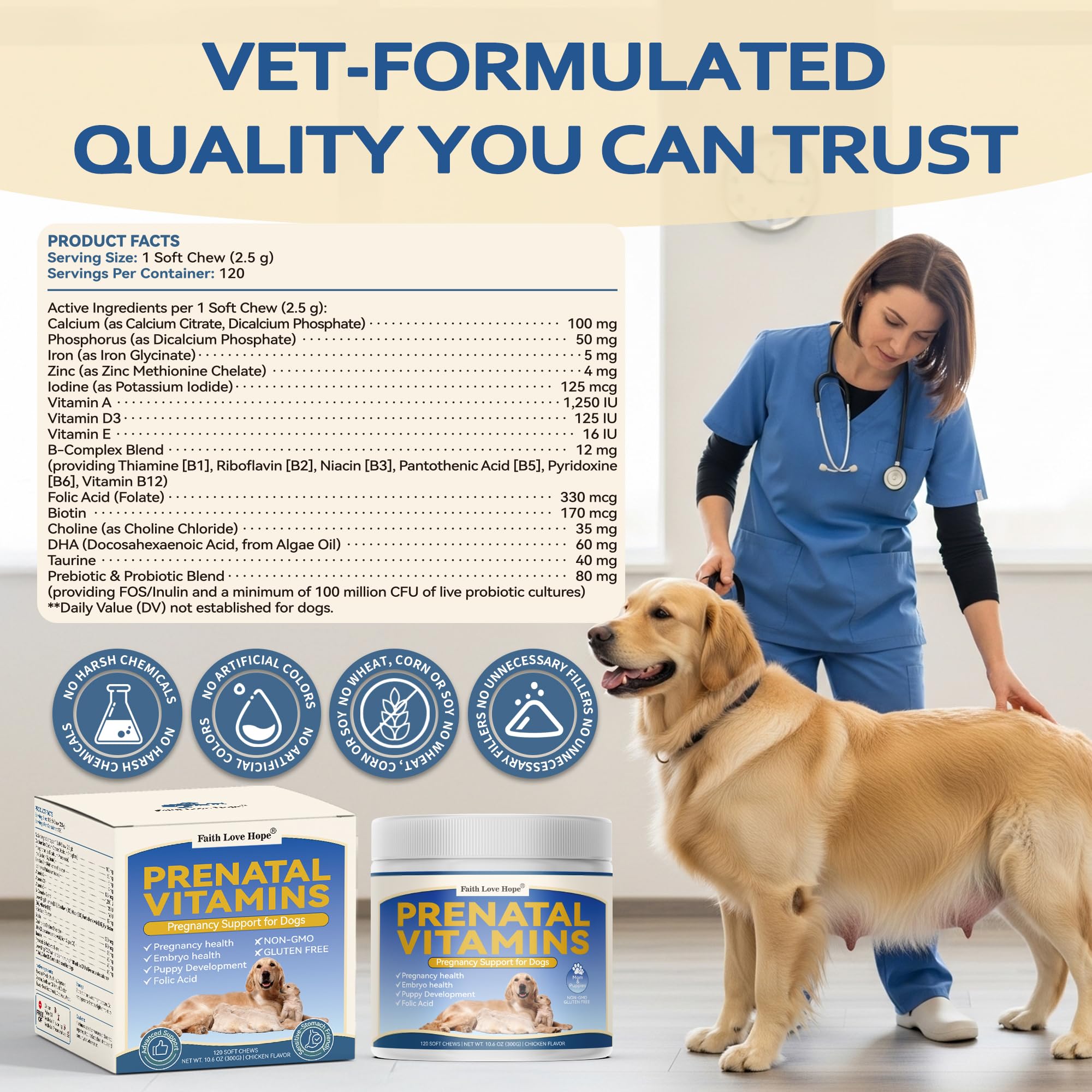 Faith Love Hope dog prenatal ingredients label highlights key nutrients.
