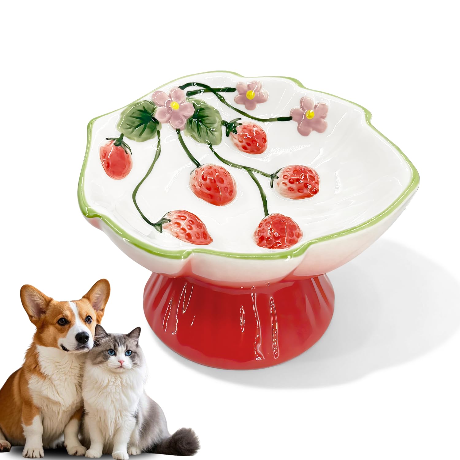 FALESHOS ceramic strawberry elevated bowl enhances indoor cat mealtime