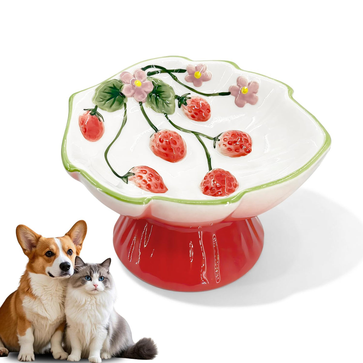 FALESHOS ceramic strawberry elevated bowl enhances indoor cat mealtime