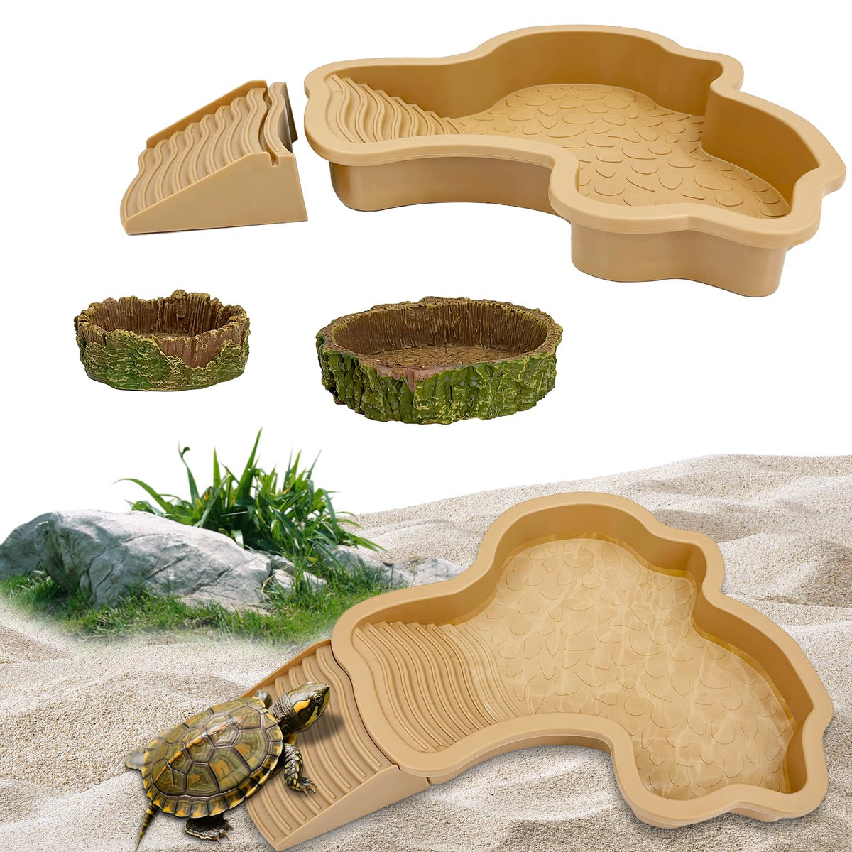 FALESHOS water dish for tortoise habitat provides stable drinking and soaking access.