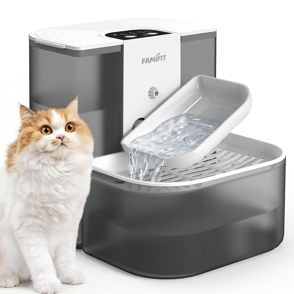 Famifit dual-tank water fountain with easy access for quick water changes