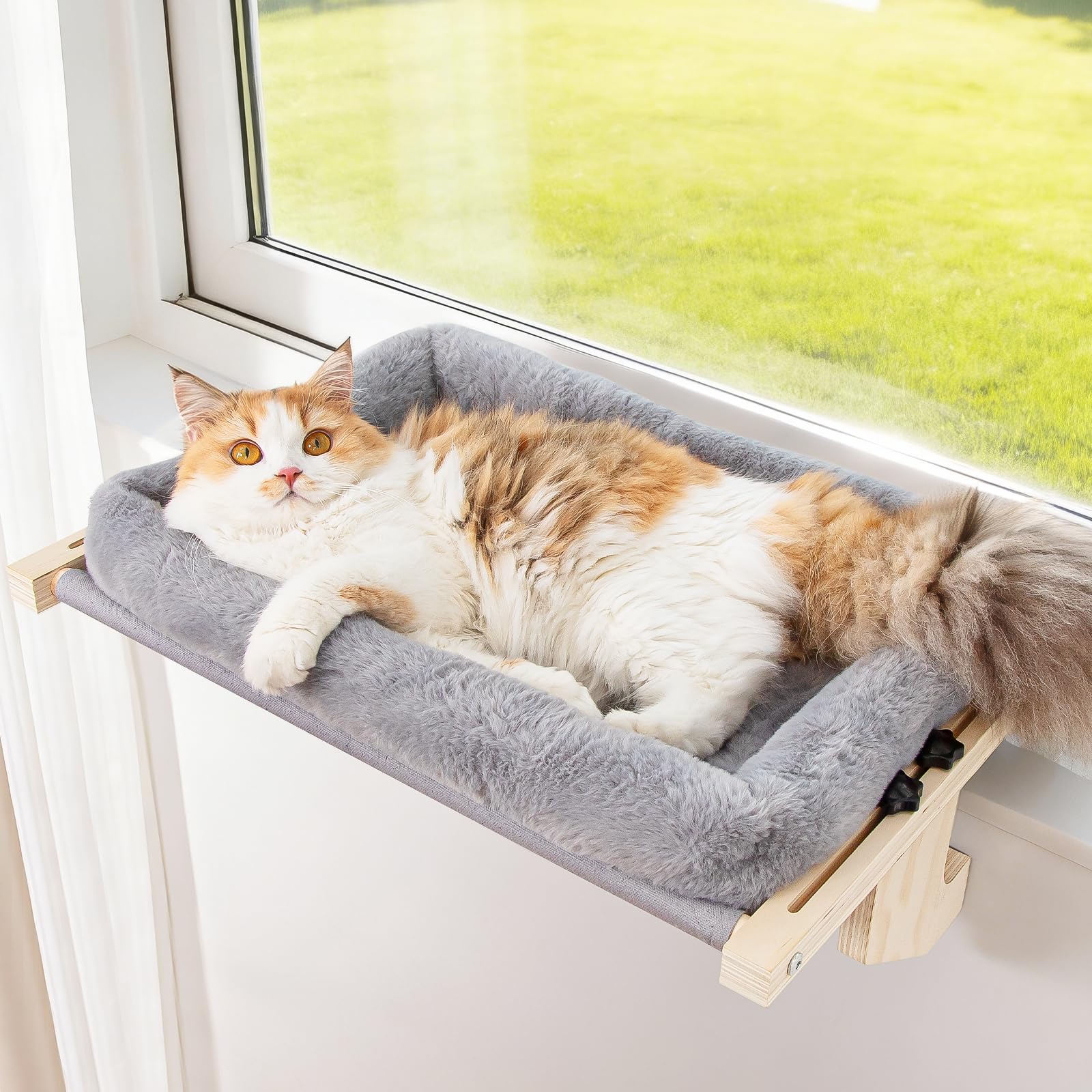 Famifit cat sill window perch with soft rabbit fur cushion for warm, cozy naps.