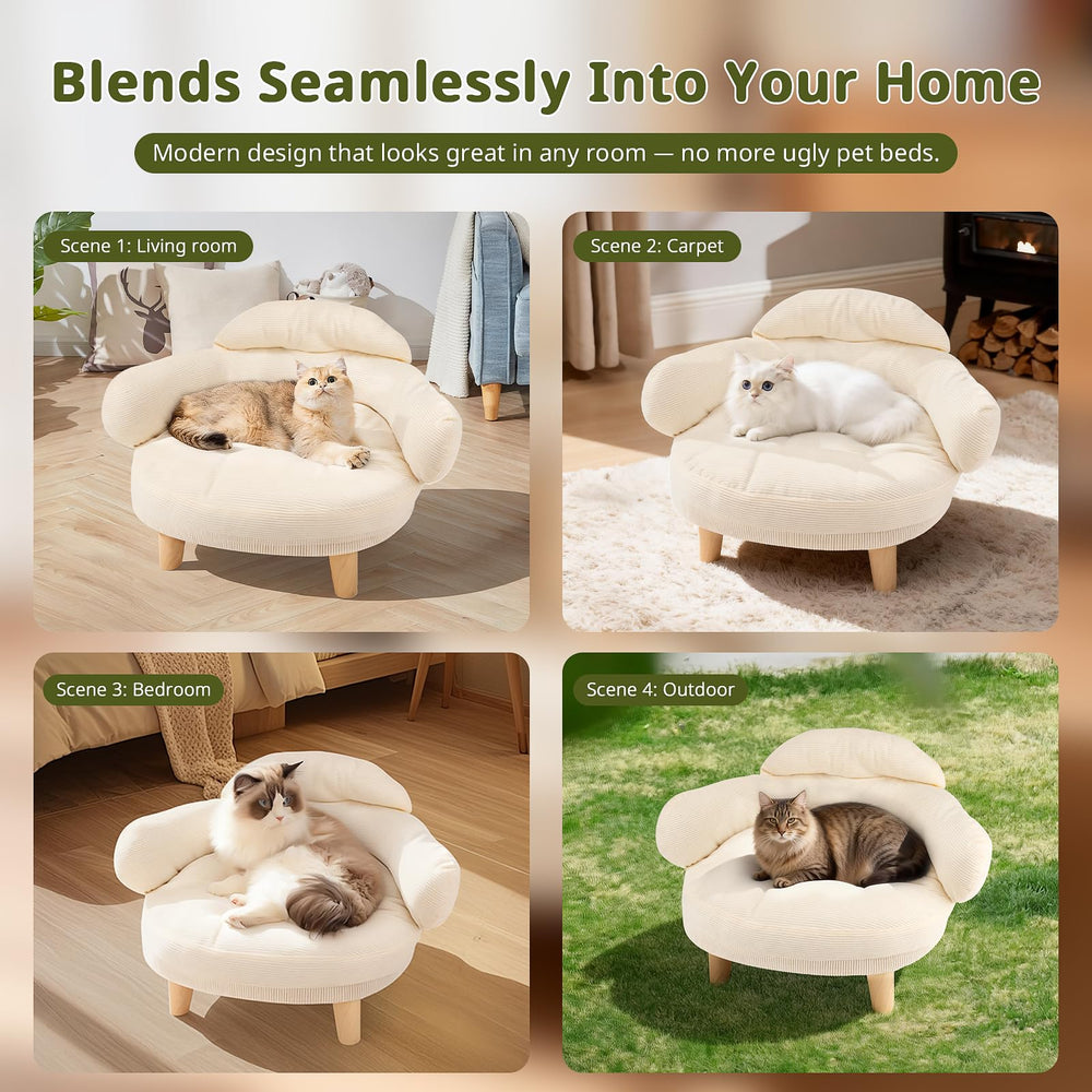Modern, furniture-style cat bed shown in a living room setup.
