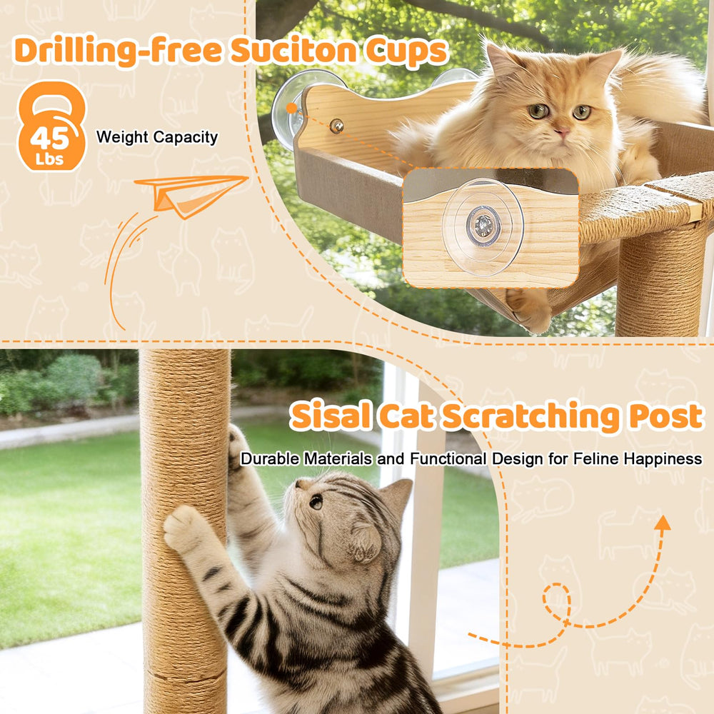 Famifit Cat Window Perch Hammock closeup of hammock and linen-wrapped scratching post.