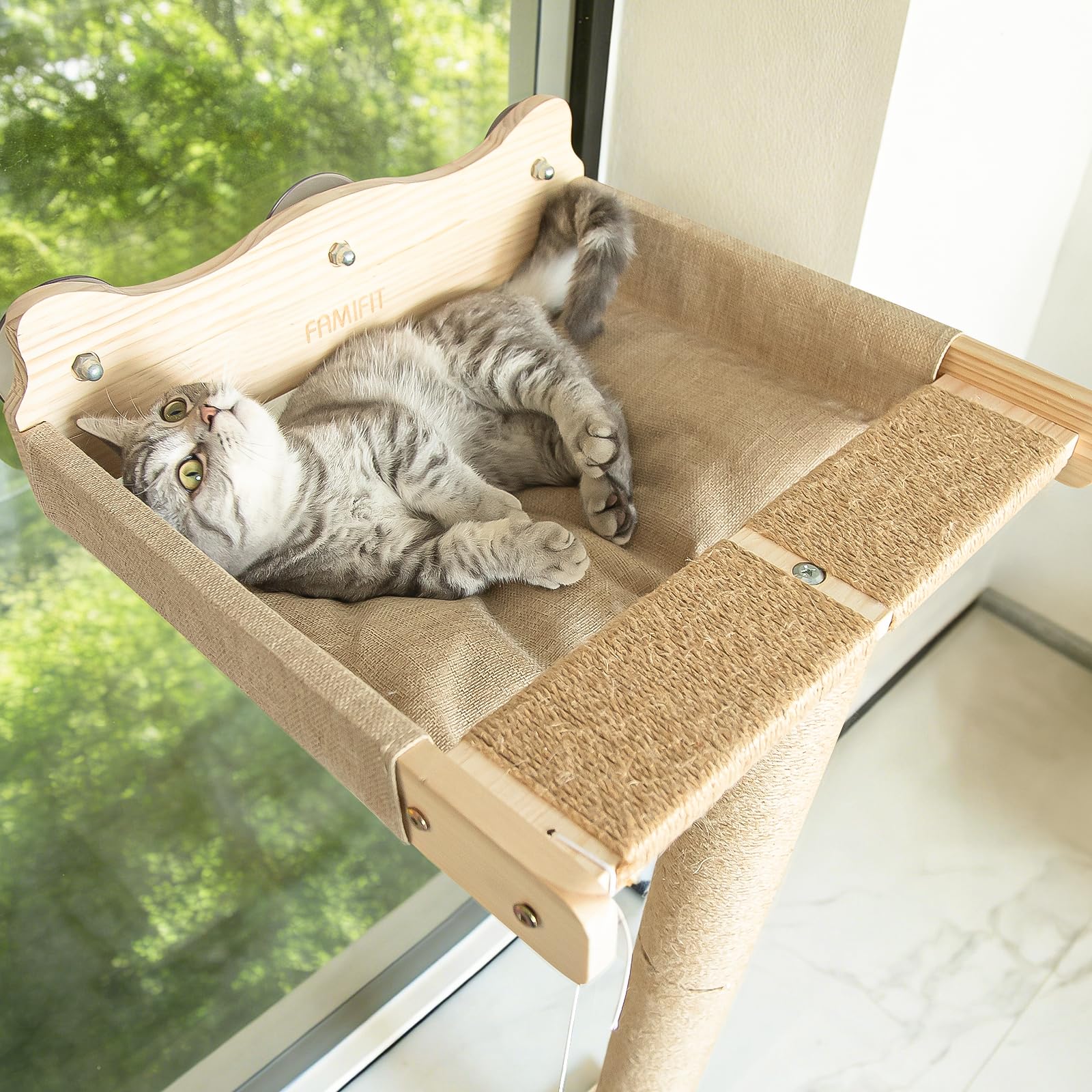 Famifit Cat Window Perch Hammock sisal posts assembly demonstrates easy tool-free setup.