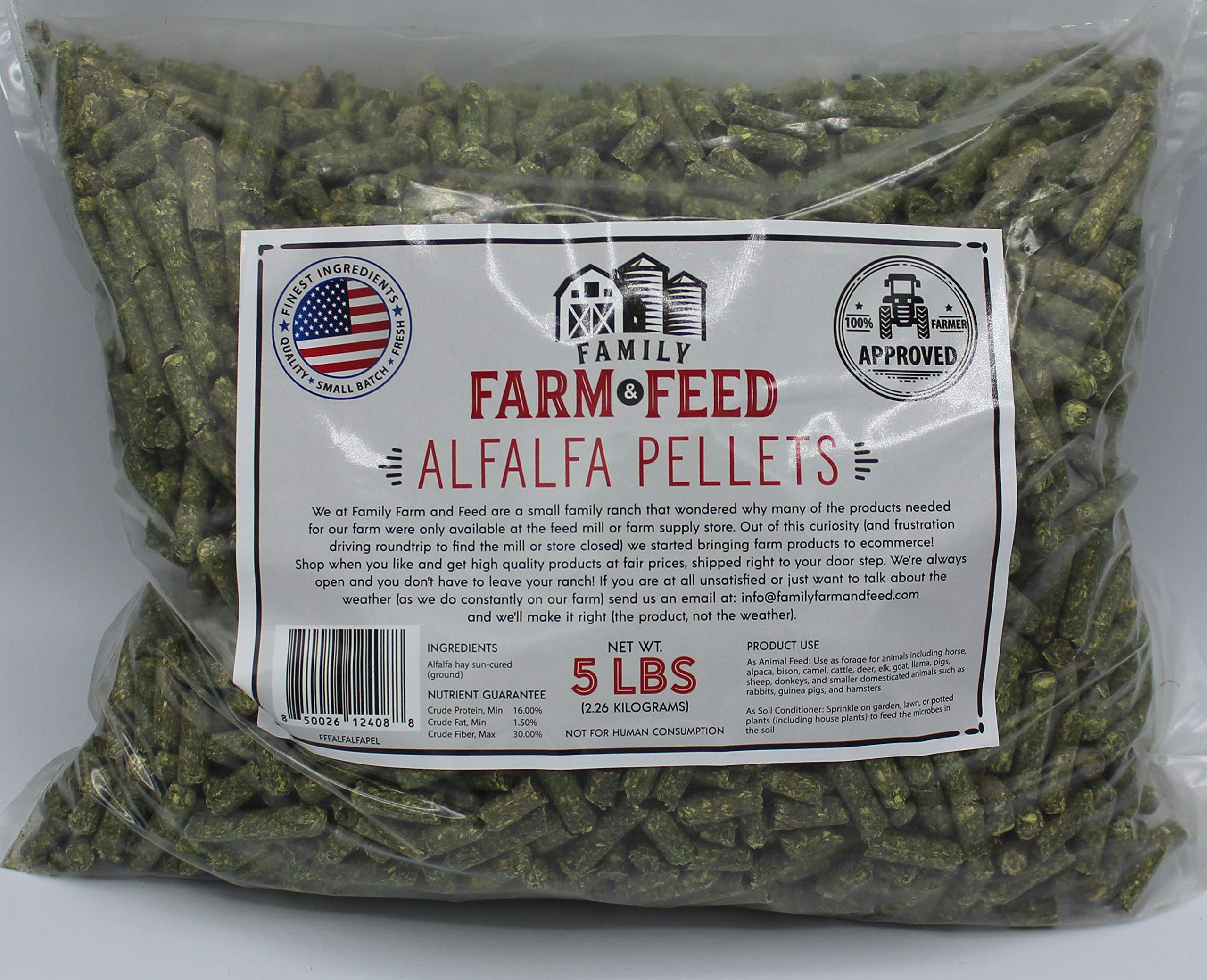 Family Farm and Feed alfalfa pellets closeup texture, showing density and quality.