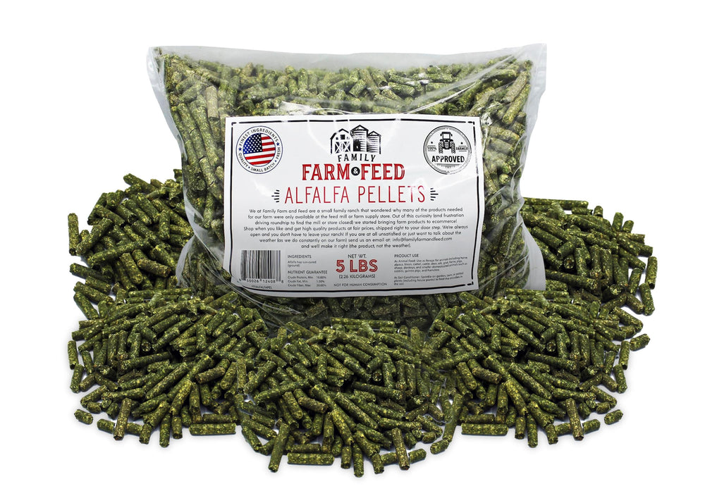 Family Farm and Feed alfalfa pellets packaging shows premium hay for reliable nutrition.