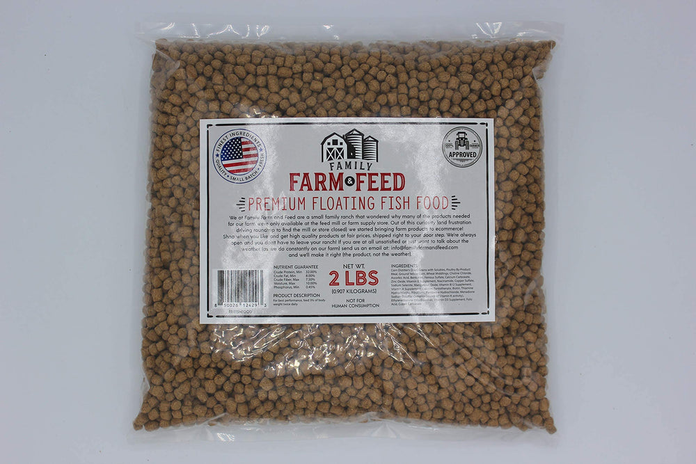 Family Farm and Feed premium floating pellets nourish pond koi and lake fish.