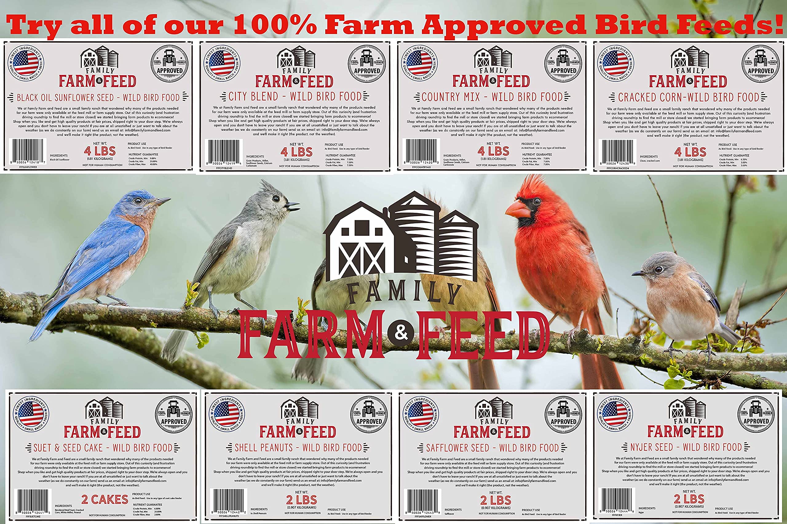 FAMILY FARM AND FEED shelf-display of seed ready for purchase