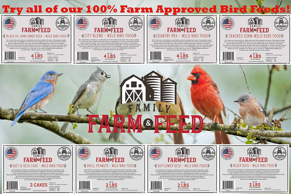 FAMILY FARM AND FEED shelf-display of seed ready for purchase