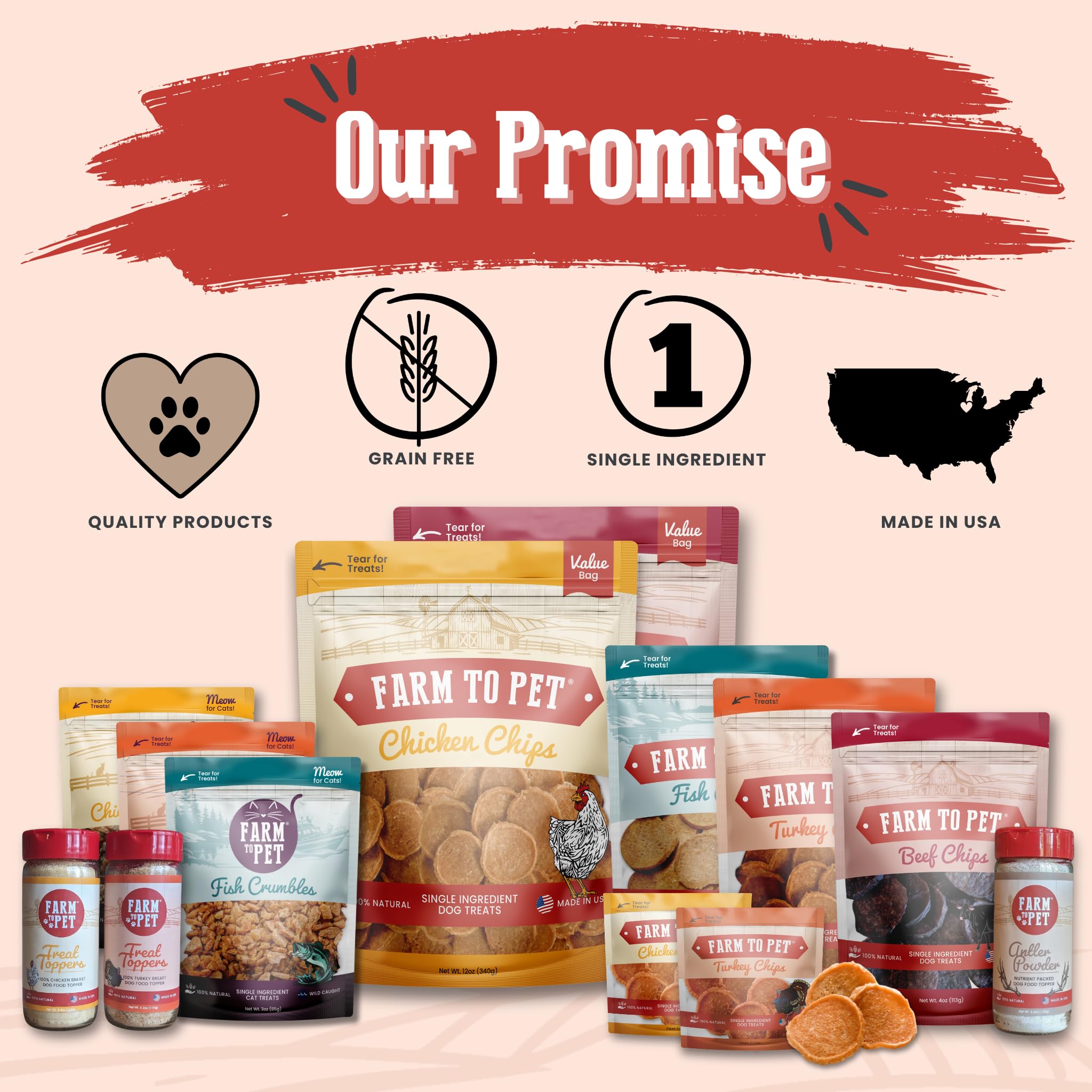 Family farms sourcing emphasized by Farm To Pet branding.