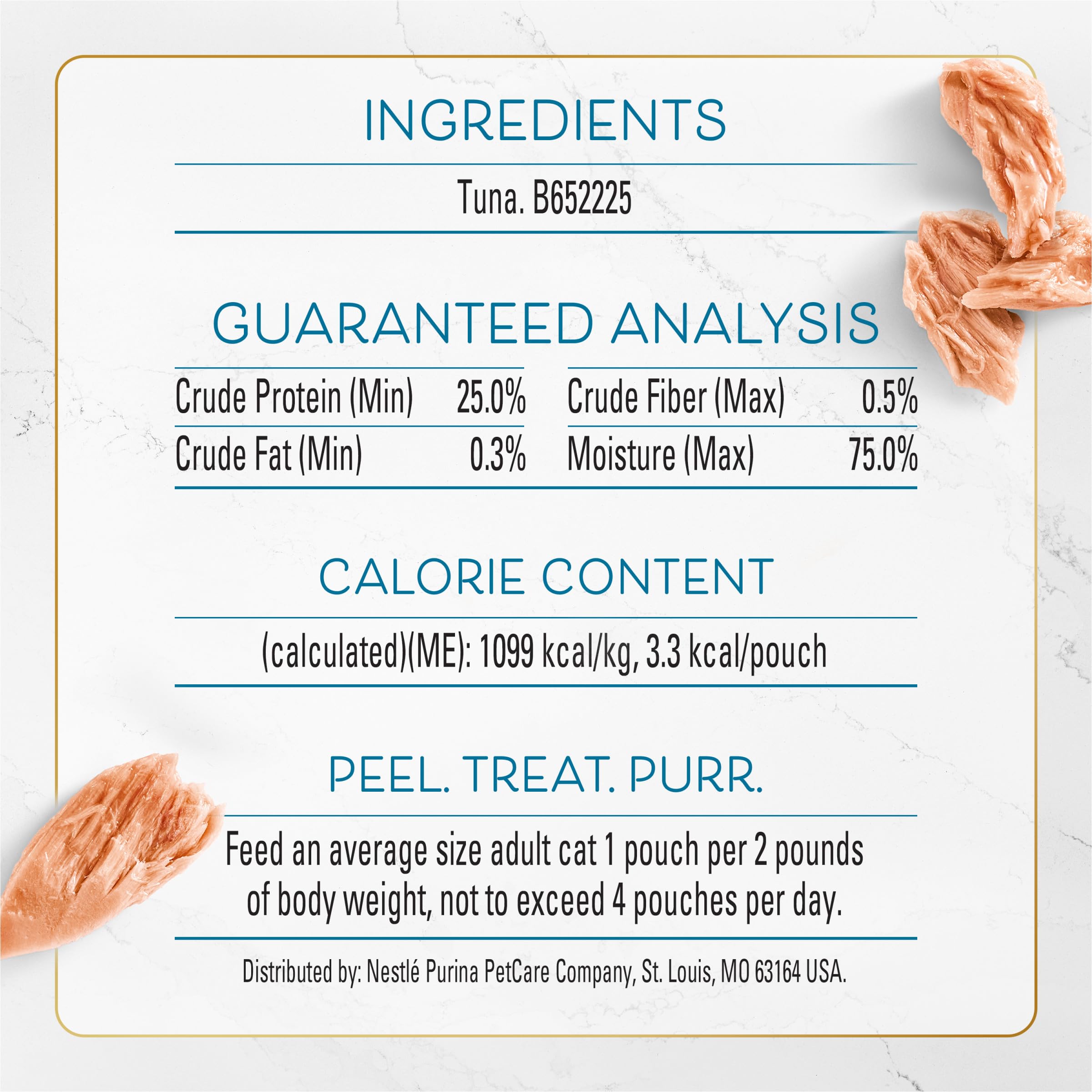 1 oz serving pouch of Fancy Feast Purely Hand-Flaked tuna for quick portions.
