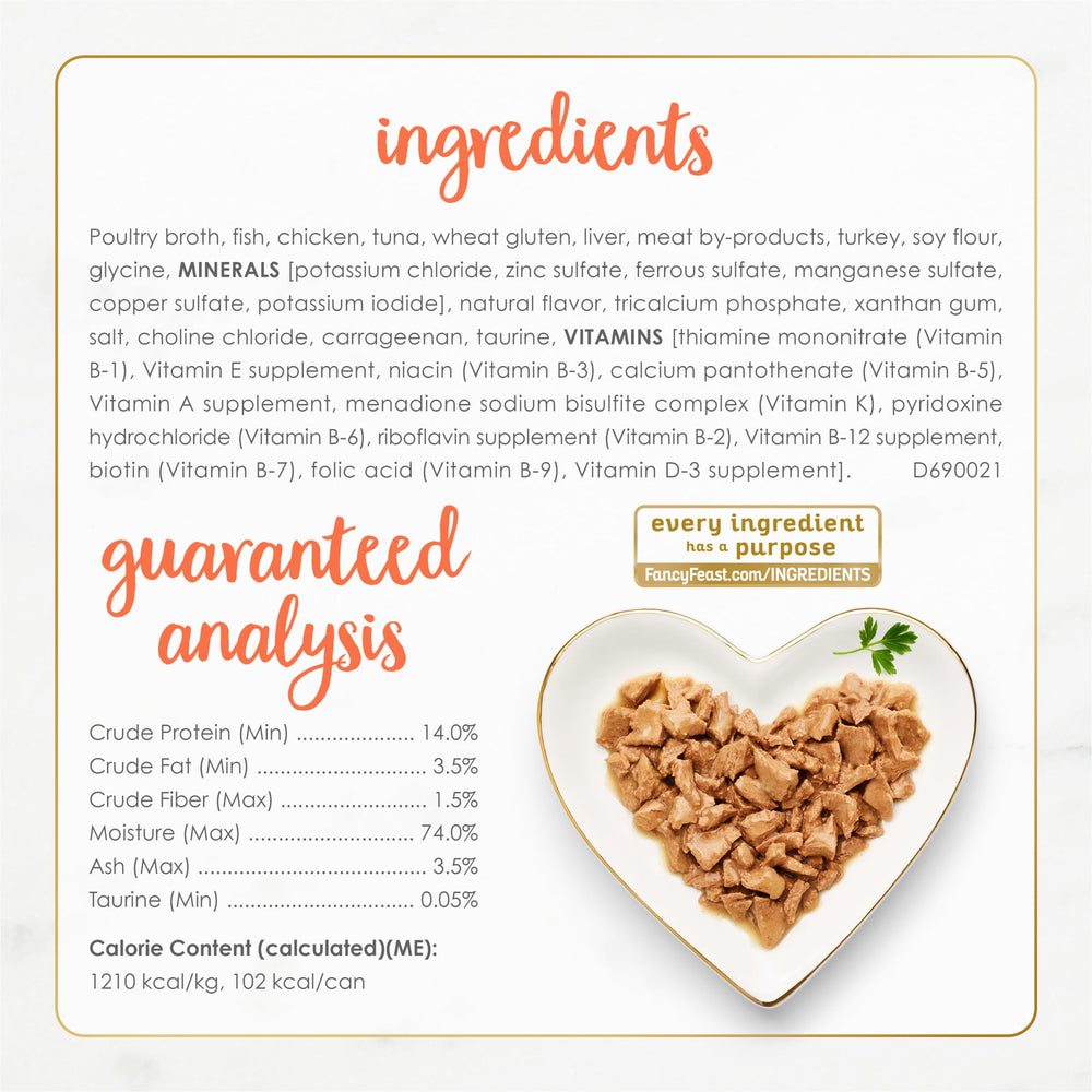 Fancy Feast adult cat nutrition emphasize balanced vitamins and minerals.
